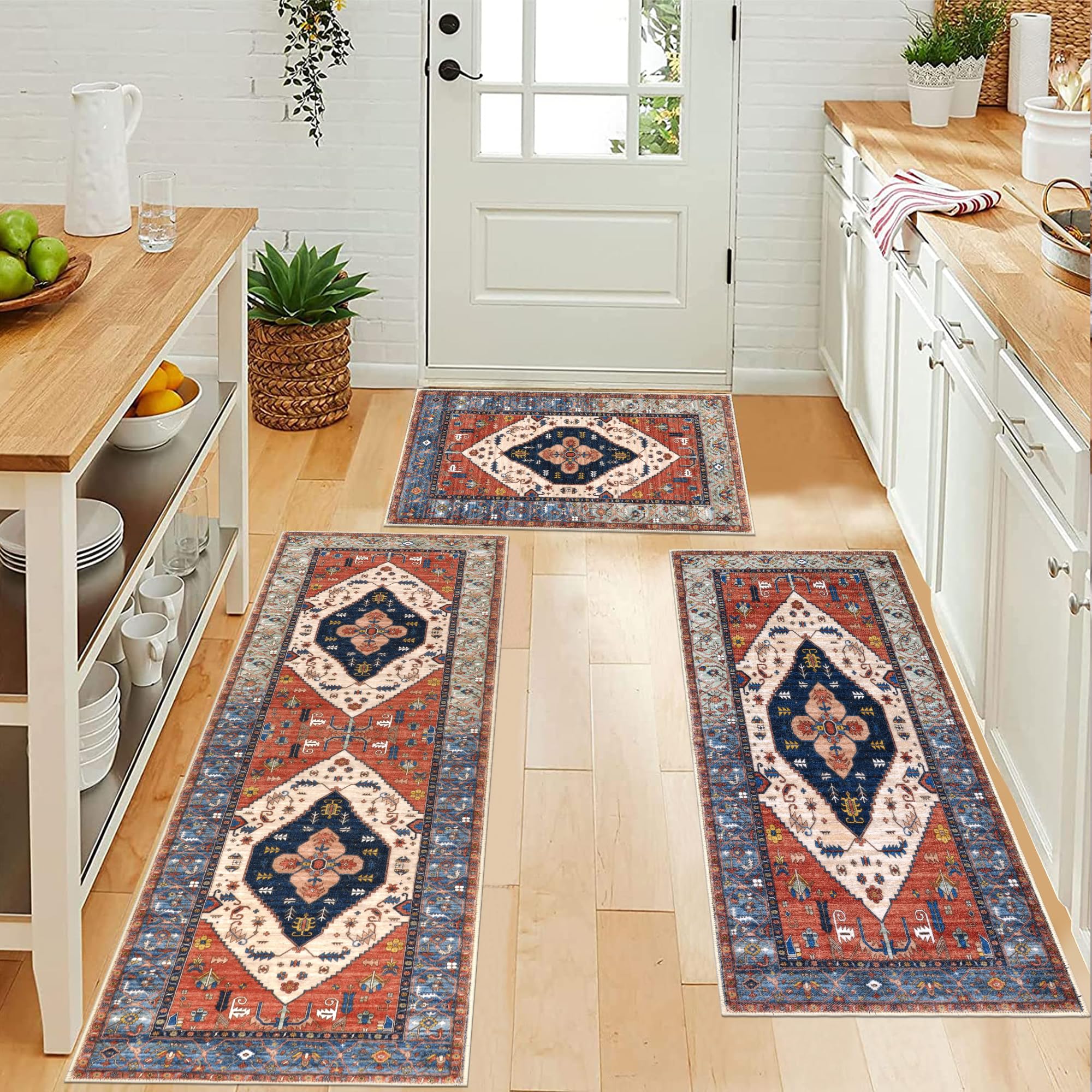 Pauwer Farmhouse Kitchen Rugs Sets Of 3, Kitchen Runner Rugs Non Slip Washable, Boho Kitchen Mats For Floor, Indoor Door Mat Ent