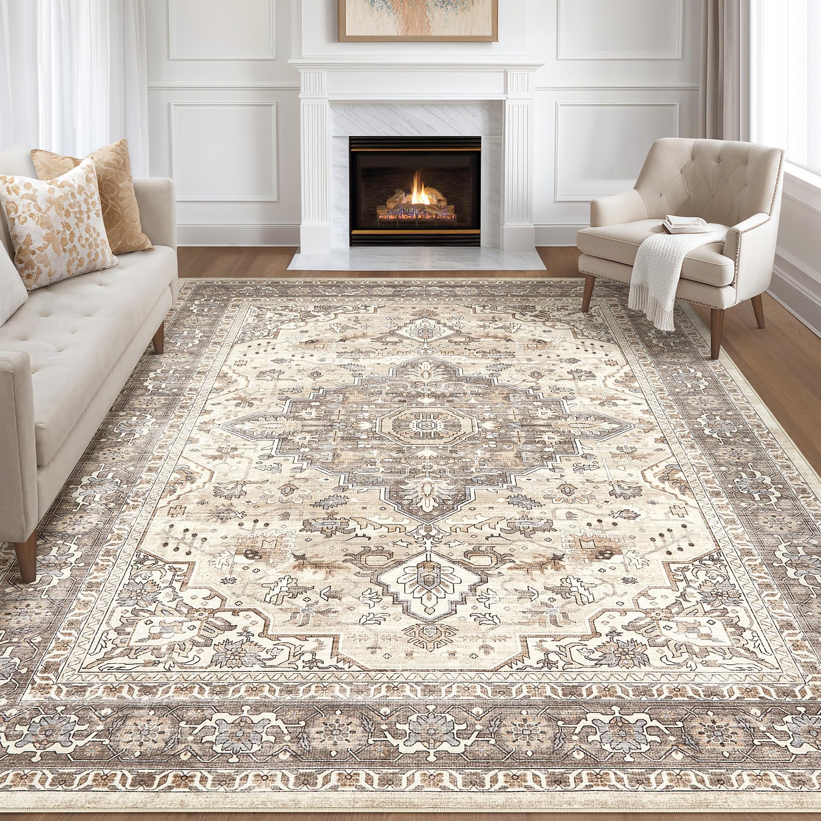 8x10 Area Rugs Living Room: Washable Boho Large Neutral Vintage Soft Rug Stain Resistant Farmhouse Non Slip Indoor Floor Carpet 