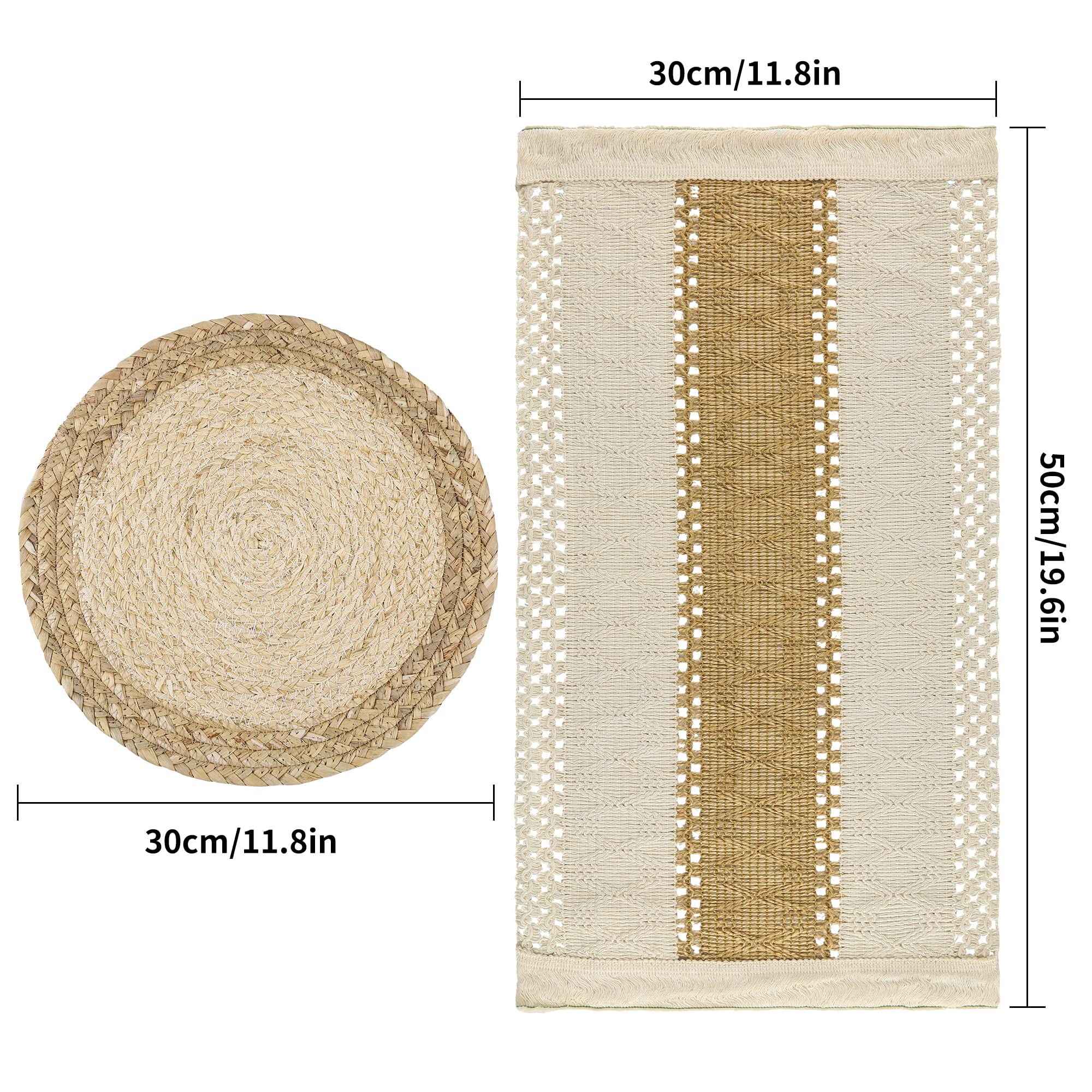 Zology Handmade Boho Placemats Set of 6 - Natural Cotton Burlap and Water Straw Woven Combination Table Mats  Macrame D?cor and Farmhouse Style Placemats  for Dining Table Kitchen