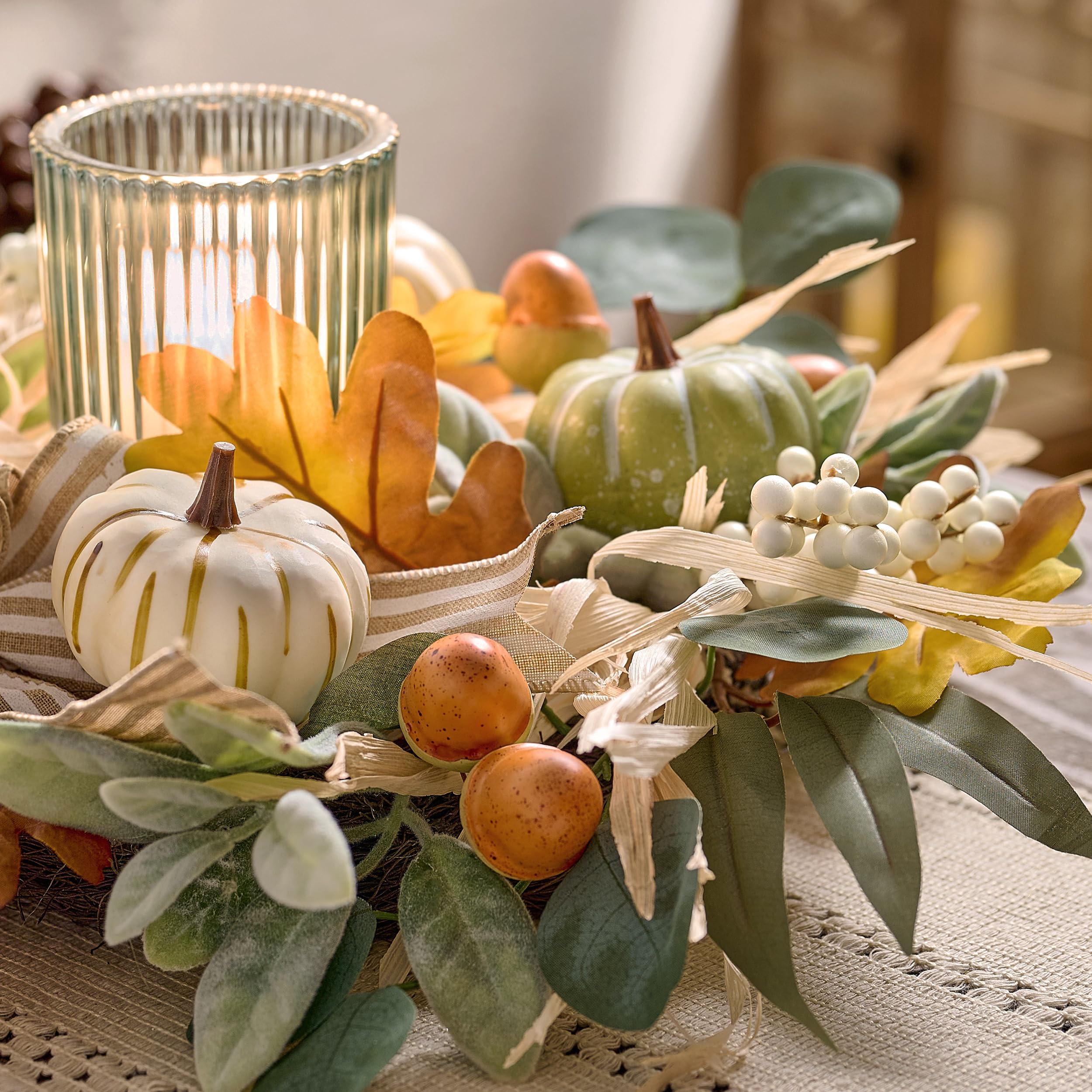 Valery Madelyn Fall Wreaths for Front Door Outside, 18'' Farmhouse Autumn Door Wreath with Lights White Pumpkins Bow, Outdoor Fa