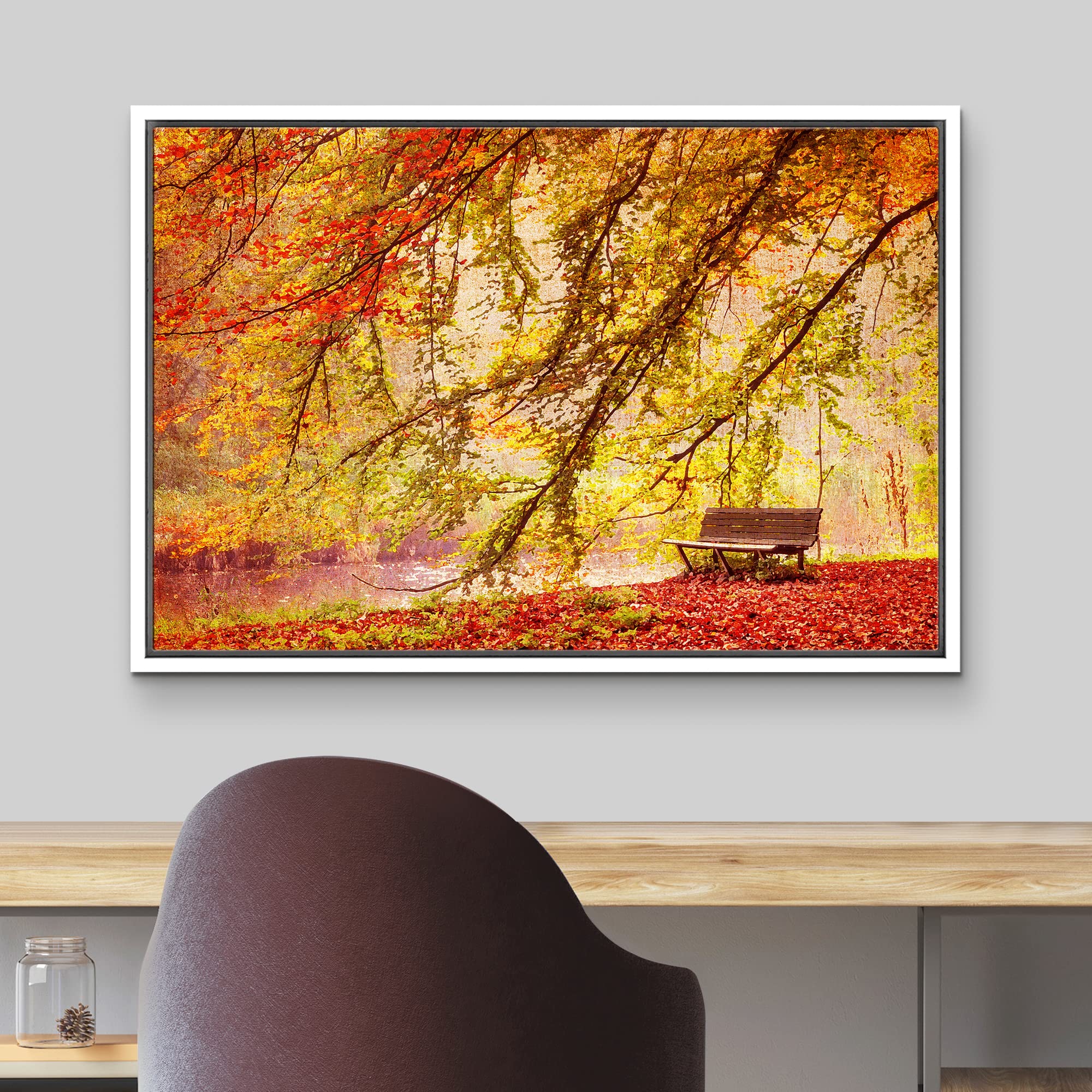 wall26 Framed Canvas Print Wall Art Watercolor Effect Bench in Autumn Park Nature Wilderness Illustrations Modern Art Rustic Scenic Colorful for Living Room  Bedroom  Office - 16''x24'' White