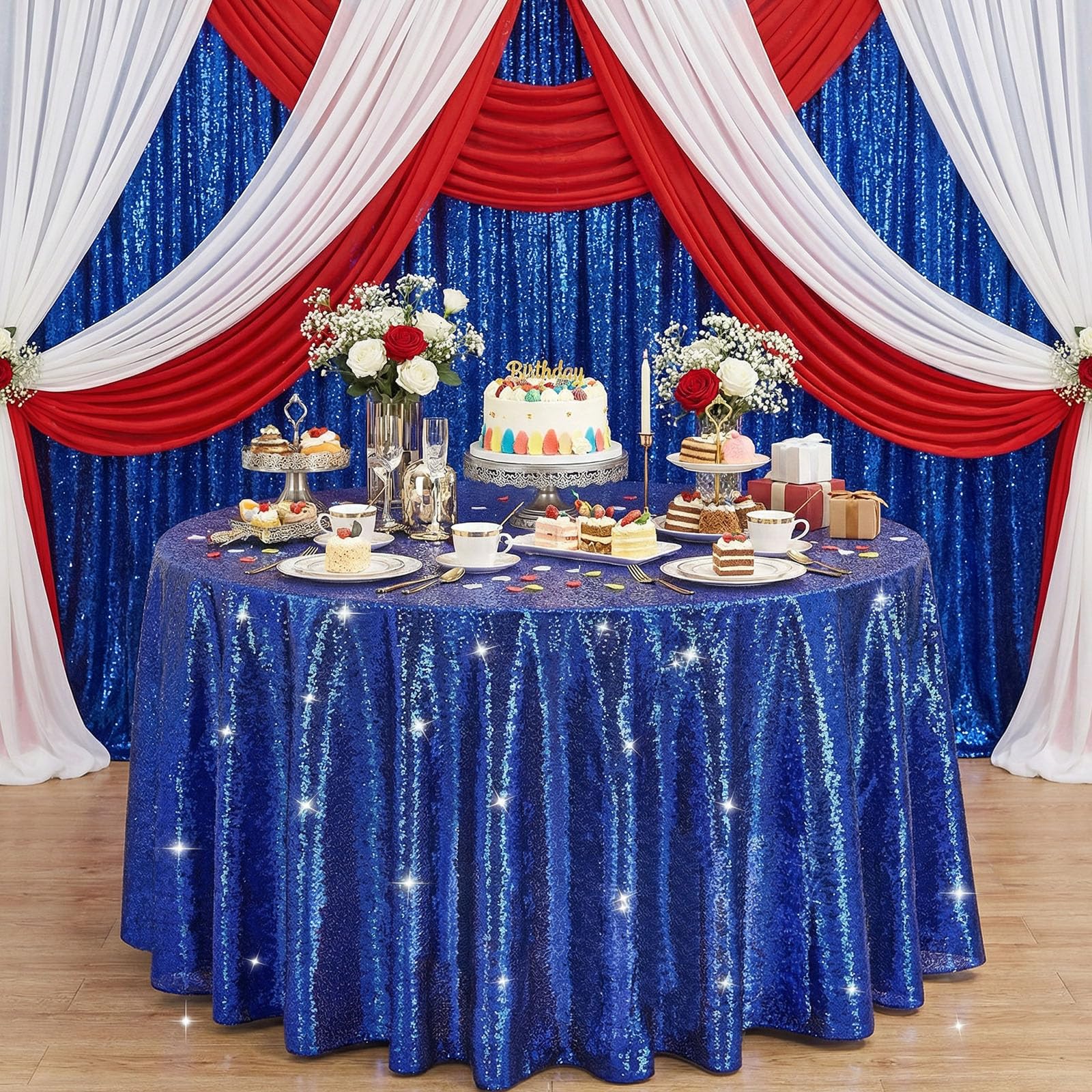 B-COOL Round Sequin Table Cloth Party Decorations: 120 Inch Tablecloth Royal Blue Sparkly Fabric Overlay for Indoor Outdoor Dini