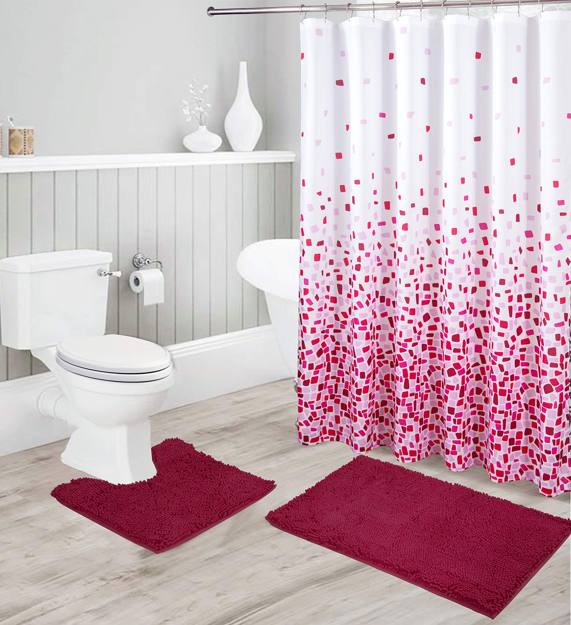 Chenille Soft Rug Anti-Slip Bath Set Includes Bath Mat, Contour Mat, Shower Curtain and Stainless Steel Roller Ball Hooks New # 