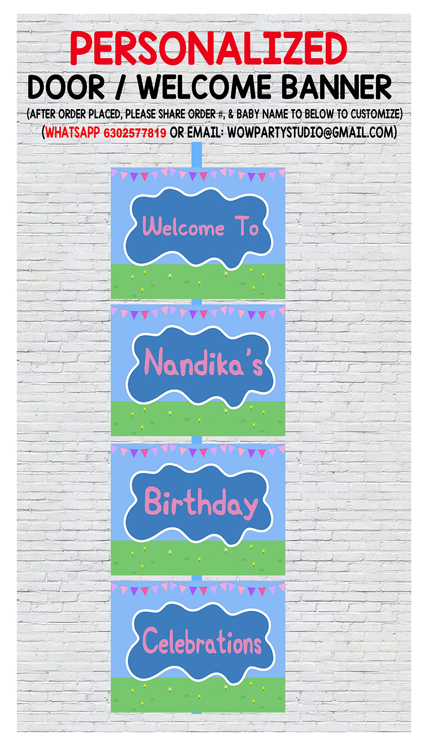 Wow Party Studio Personalized Pig Cartoon Theme Party Happy Birthday Decorations Door / Welcome Banner With Birthday Boy/Girl Na