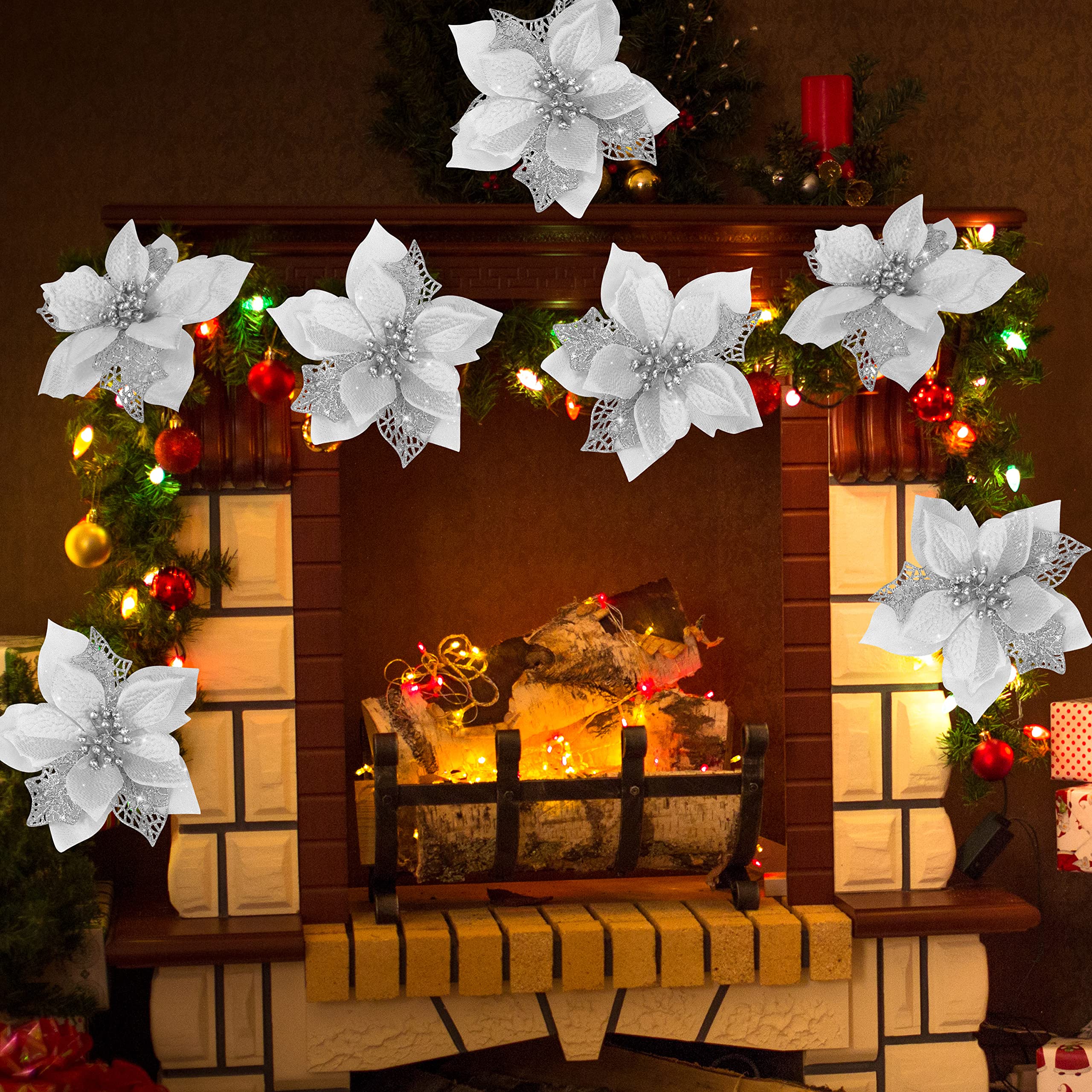Childom 12 PCS Poinsettia Flower Artificial Poinsettia Christmas Decoration 5.9 Silver Glitter Poinsettias Christmas Ornaments