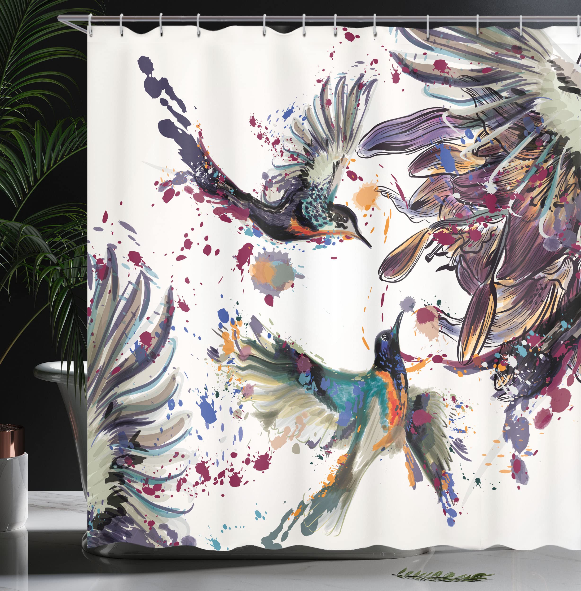 Ambesonne Hummingbird Shower Curtain Fabric Bathroom Accessories Set With Hooks Art Lily Flowers Birds And Color Splashes In Wat