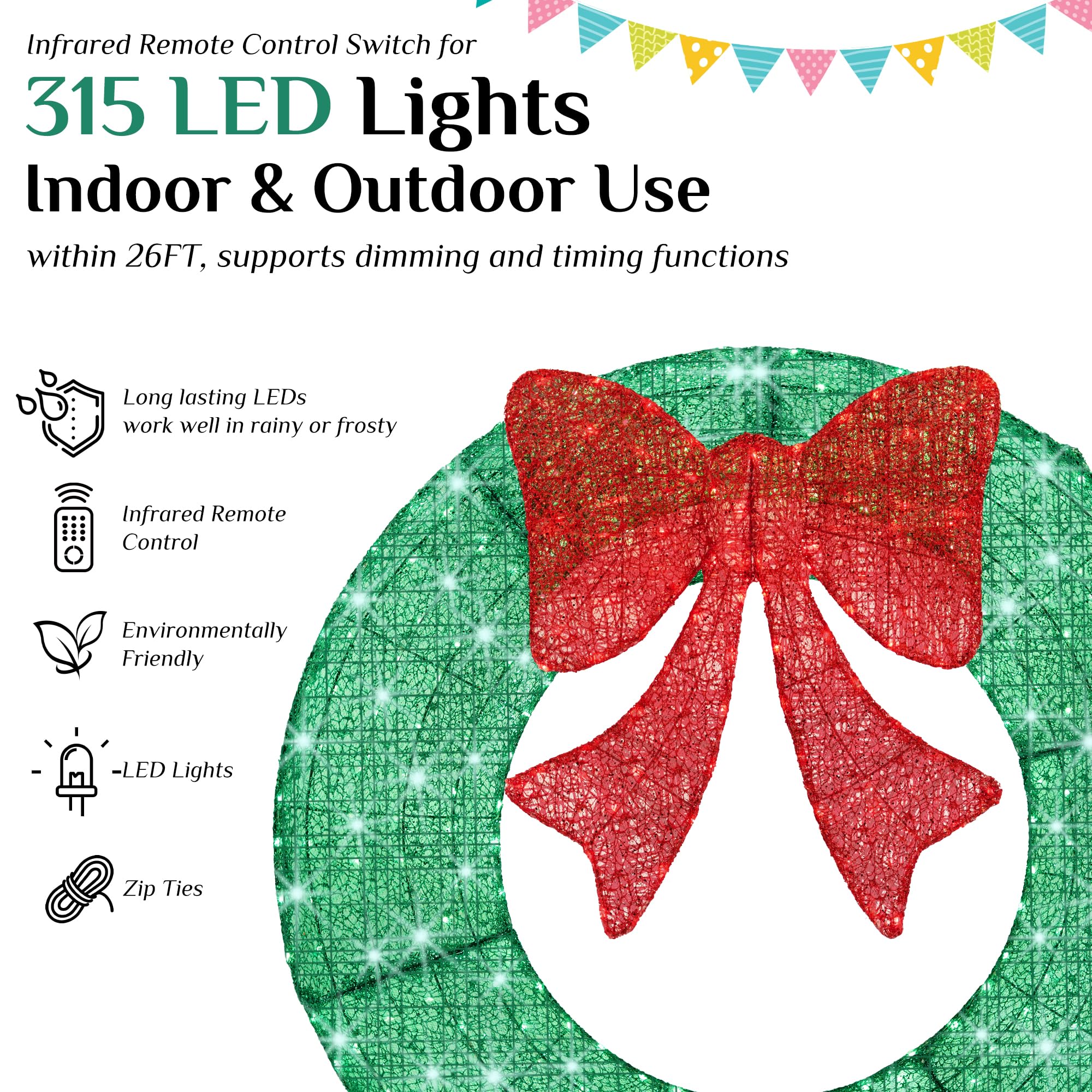 Sweetcrispy 48in Pre-Lit Christmas Wreath, LED Lighted Holiday Outdoor Decoration with Bow for Door, Mantel, Wall, Windows, Fron