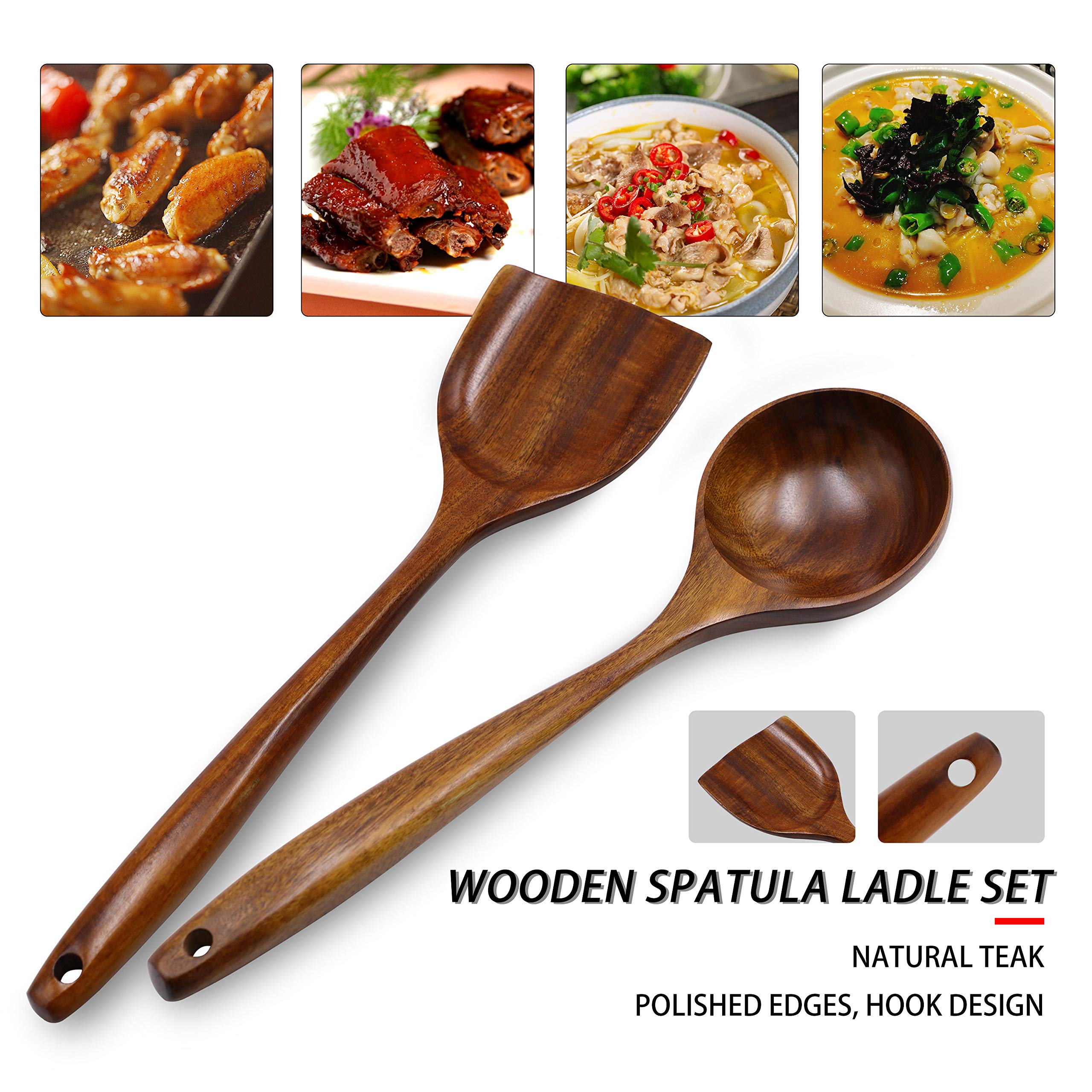 Fjnatinh Wooden Wok Spatula Ladle Tool Set, 14Inch Long Handle Wooden Spatula For Wok, Teak Wooden Wok Spatula