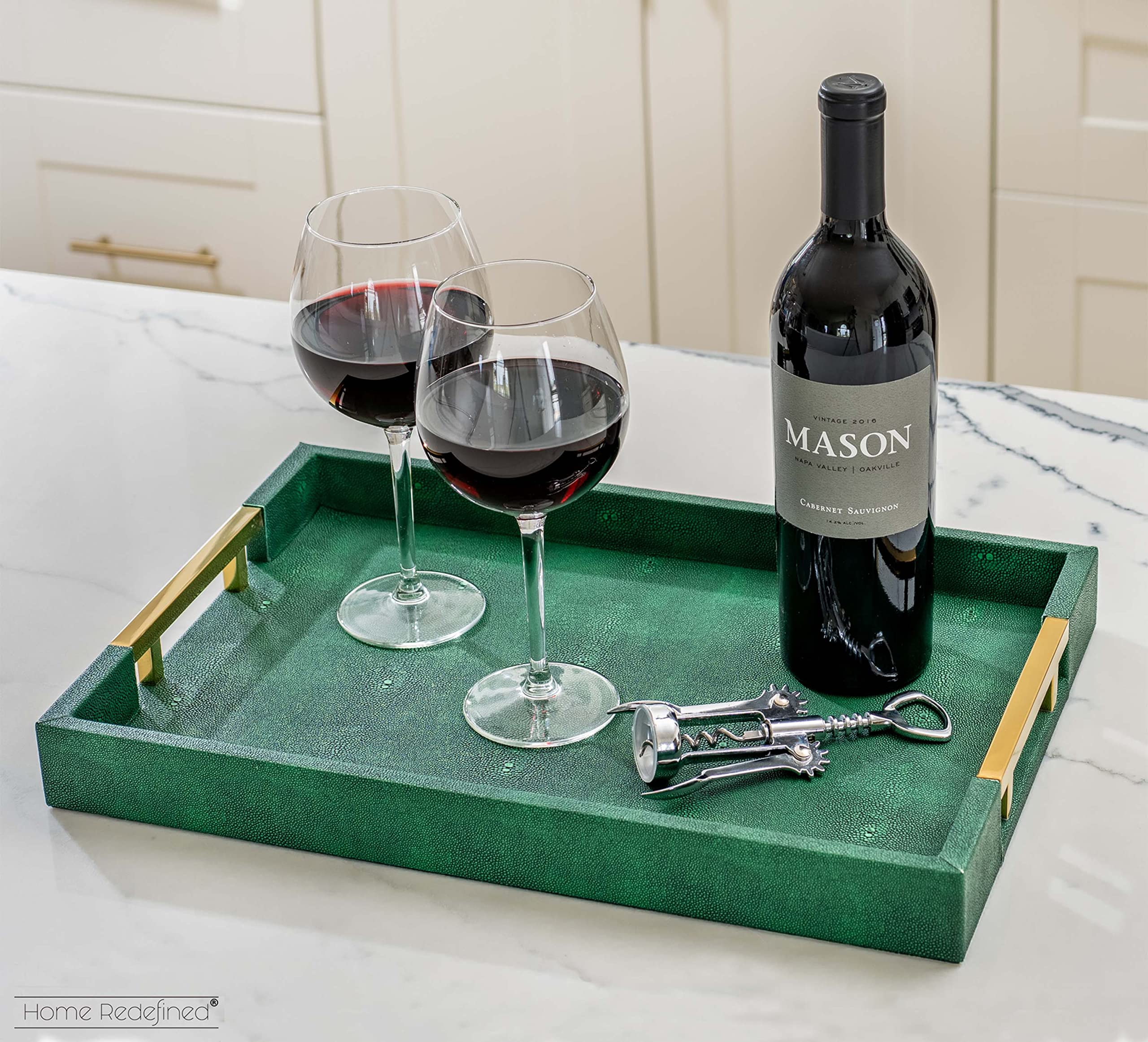 Modern Elegant 18''x12'' Rectangle Emerald Green Shagreen Decorative Ottoman Coffee Table Perfume Living Room Kitchen Serving Tray with Gold Polished Metal Handles by Home Redefined for All Occasion's