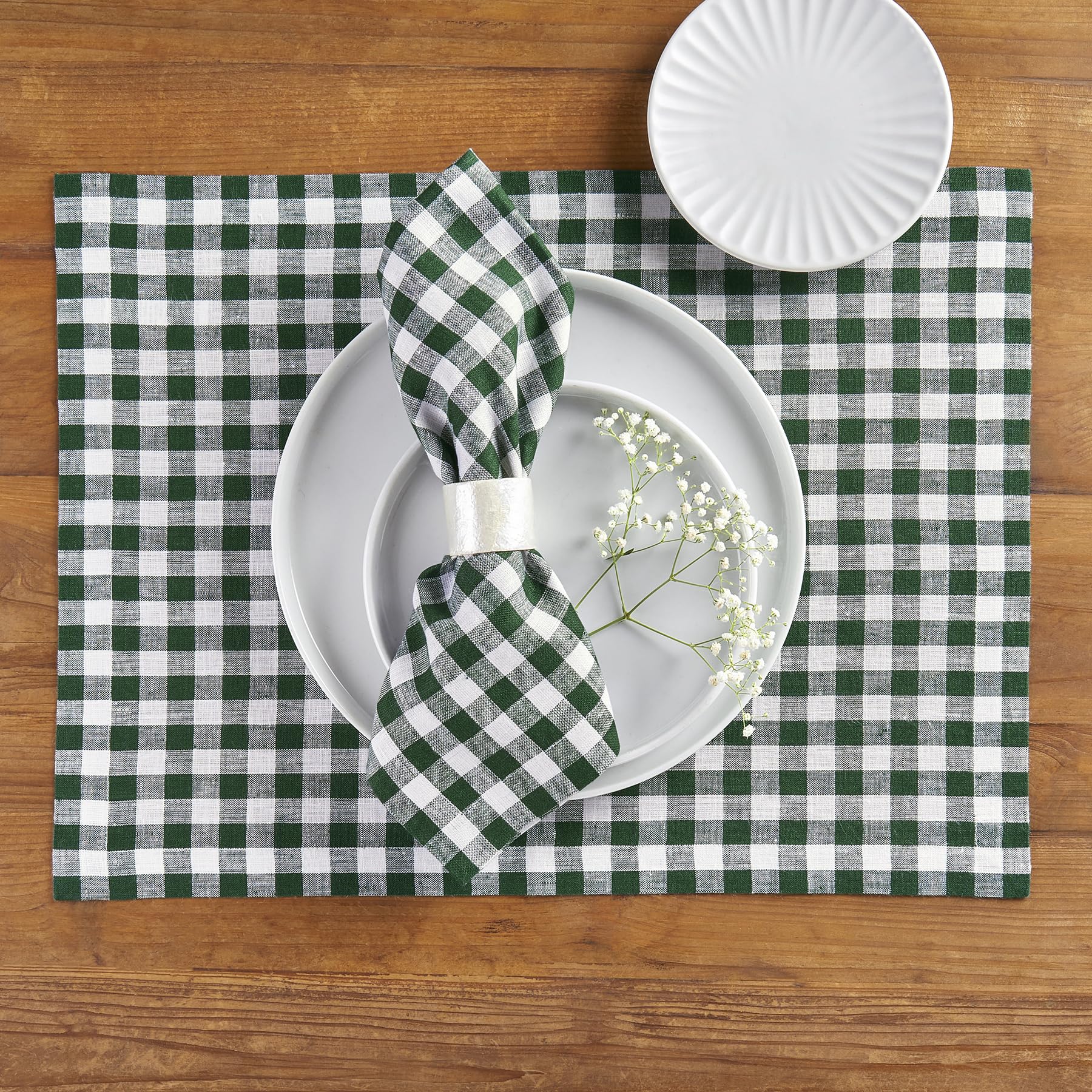 Solino Home Linen Placemats 14 X 19 Inch - 100% Pure Linen Green Plaid Cloth Placemats Set Of 4 - Gingham Check, Washable Fabric