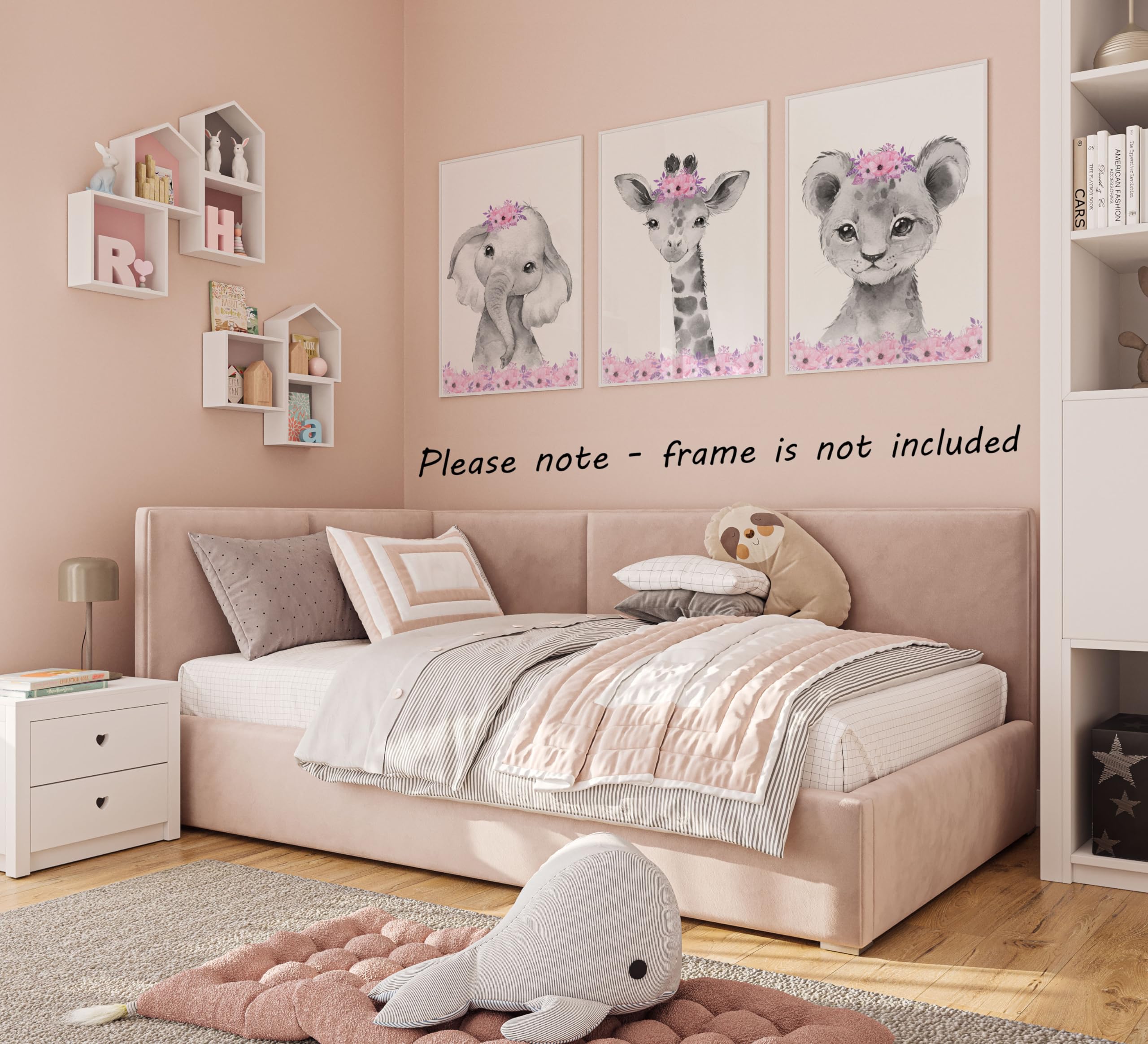 Safari Animals Baby Girls Nursery Set of 3 Unframed Wall Art Prints  Gray Baby Animals with Pink Flowers  Child Bedroom Nursery Decor Posters  Giraffe Elephant Lion (8x10)
