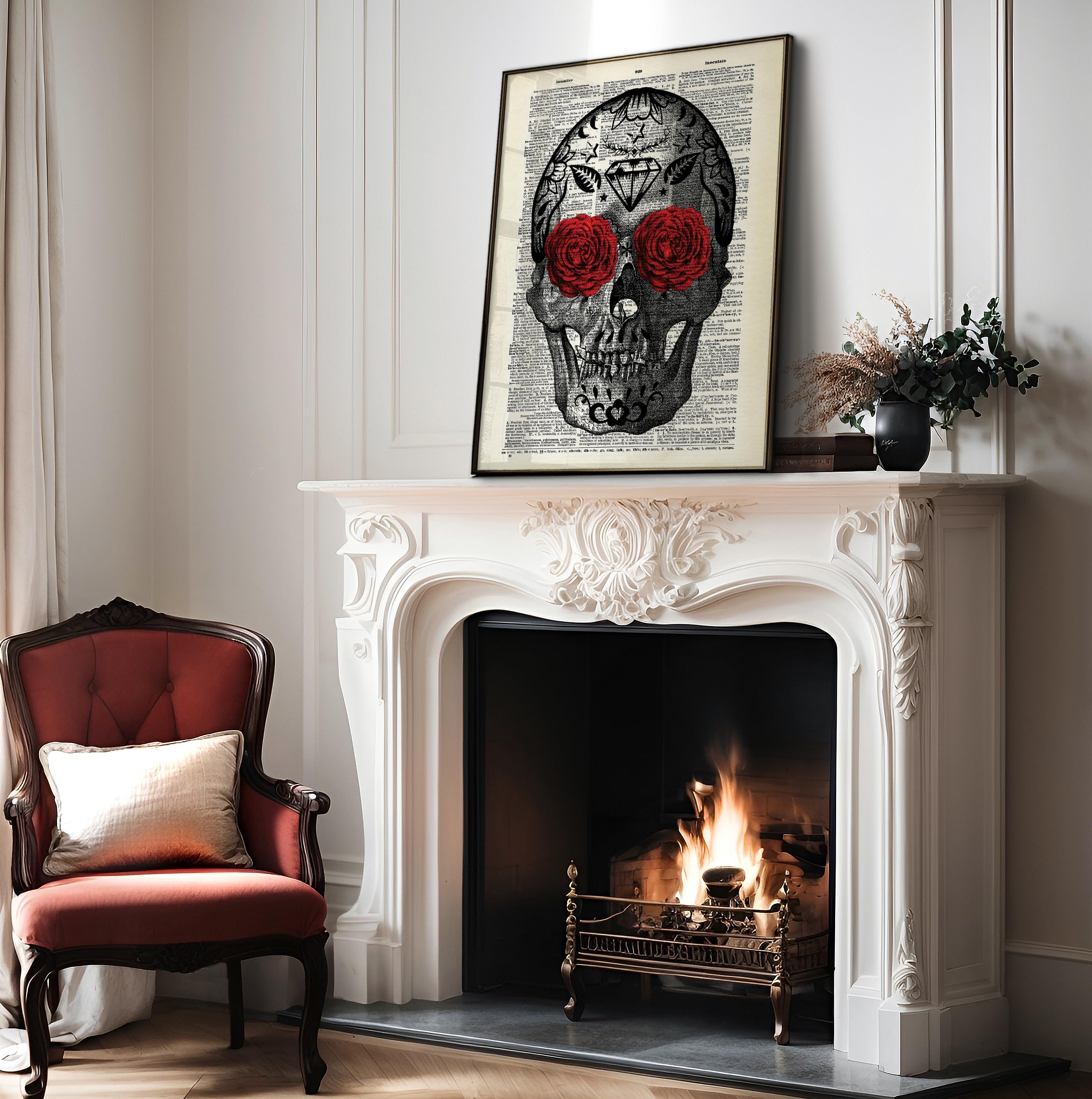 Poster Master Dictionary Art Poster - Flowery Eyes Skull Print - Skeleton Art - Flower Art - Red Rose Art - Gift For Him, Her -