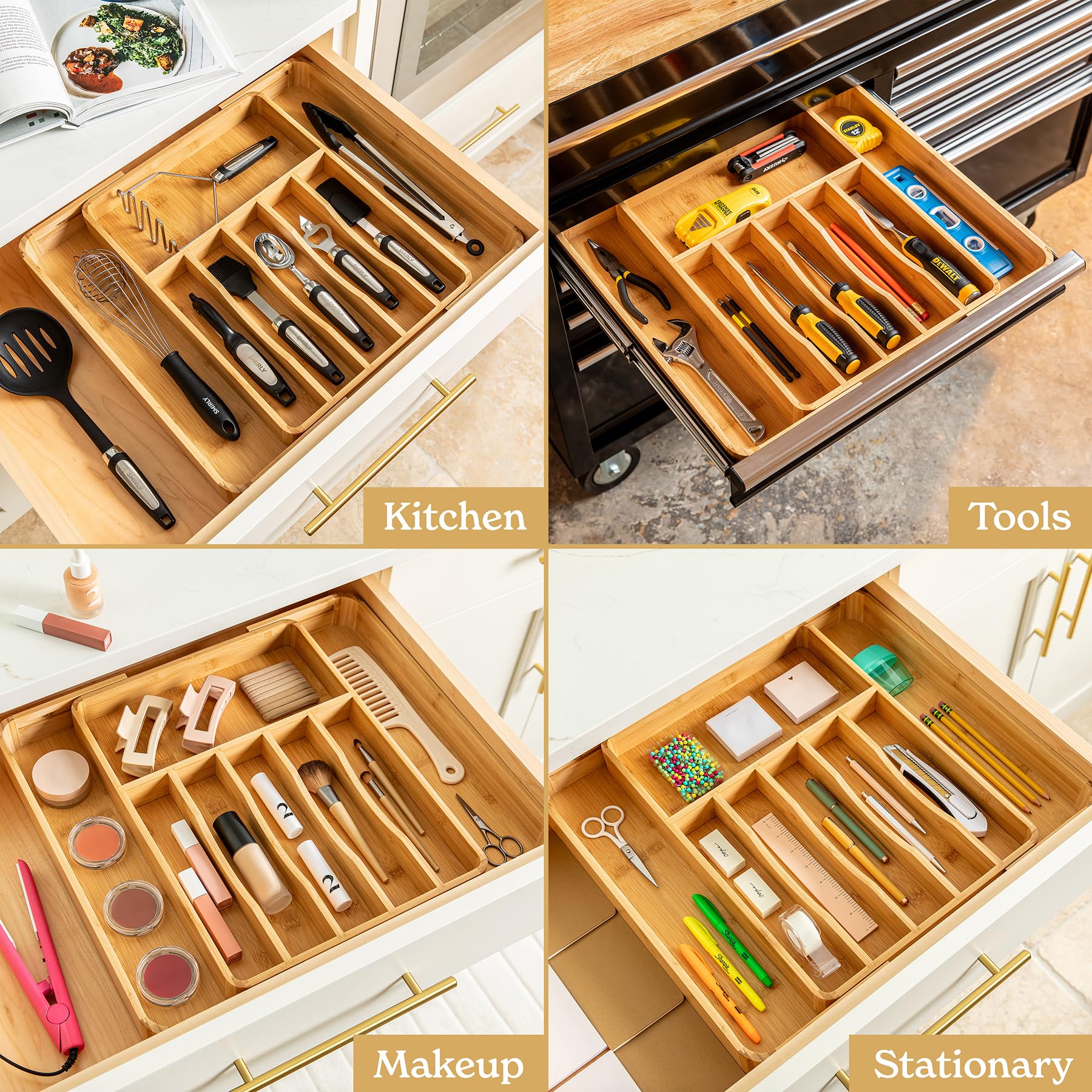 SMIRLY Bamboo Silverware Drawer Organizer - Adjustable Utensil Holder, 8 Slot, Black T9-BC2G-8CRBK