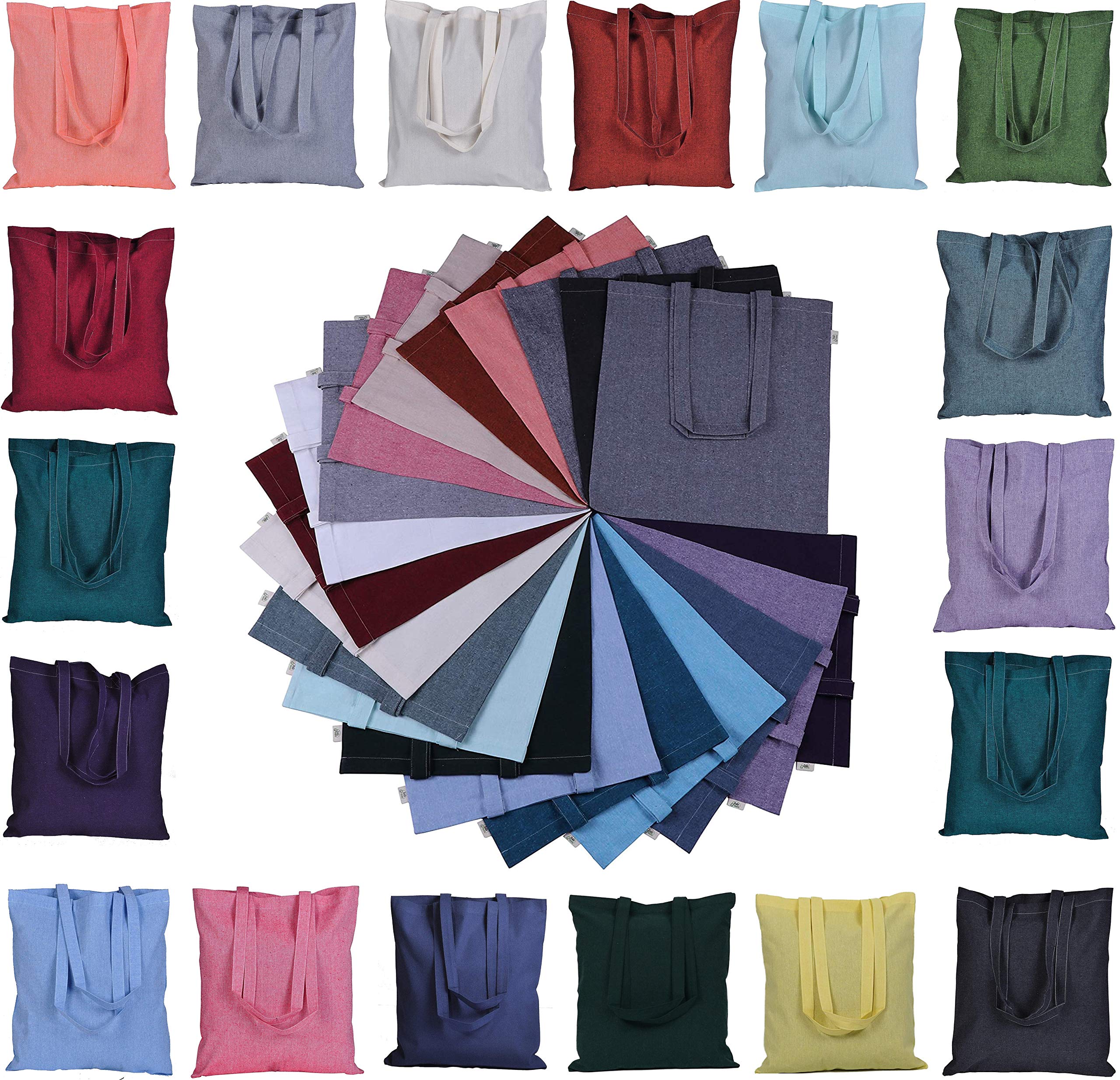 Atmos Green 12 Pack 15 X 16 Inch With Long Handle Assorted Colors 5.5 Oz Recycled Cotton Canvas Reusable Grocery Bags Eco Friend