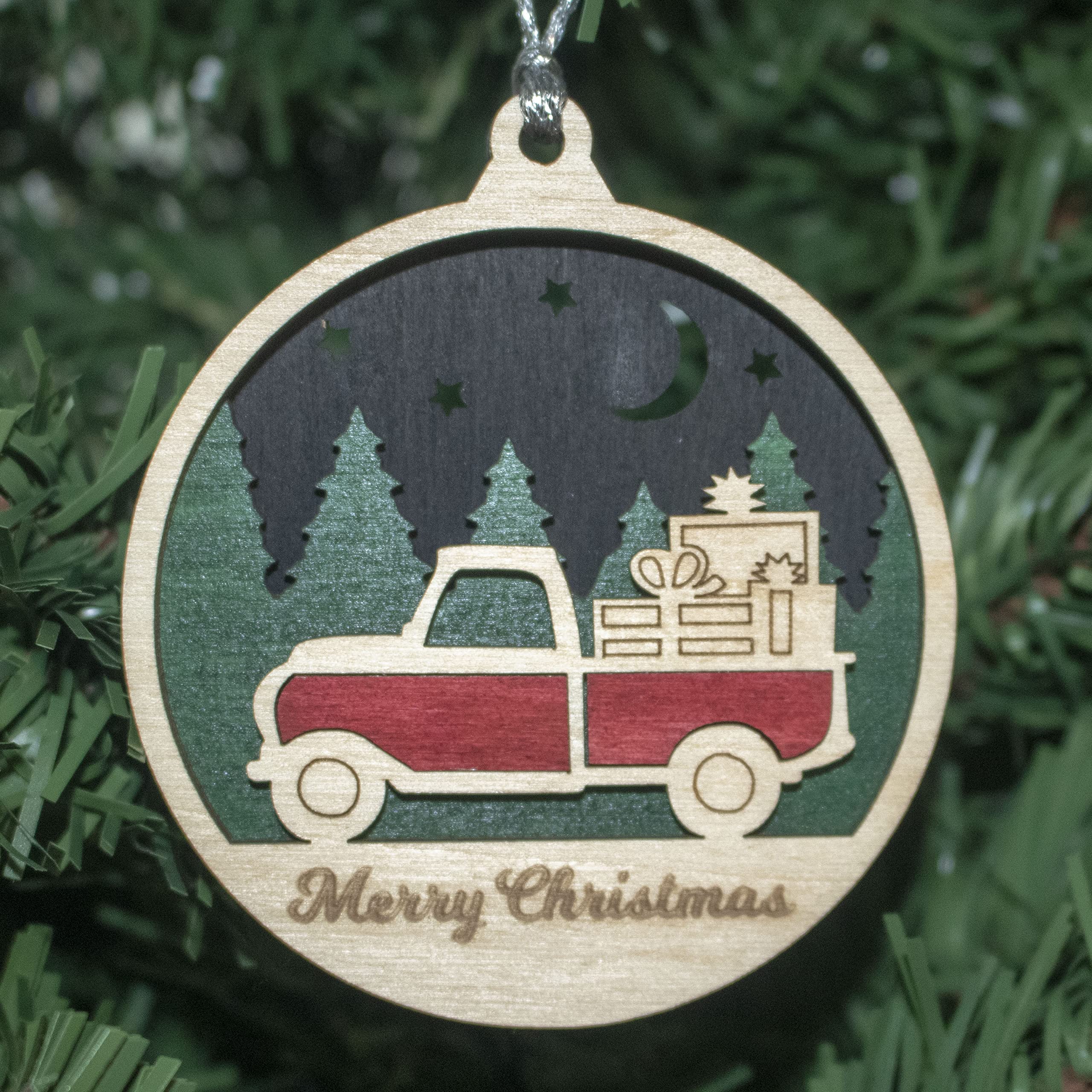 Rustic Wood Christmas Ornament - Vintage Truck with Presents, 3 Laser Cut Holiday Decor, Handmade in Oregon USA