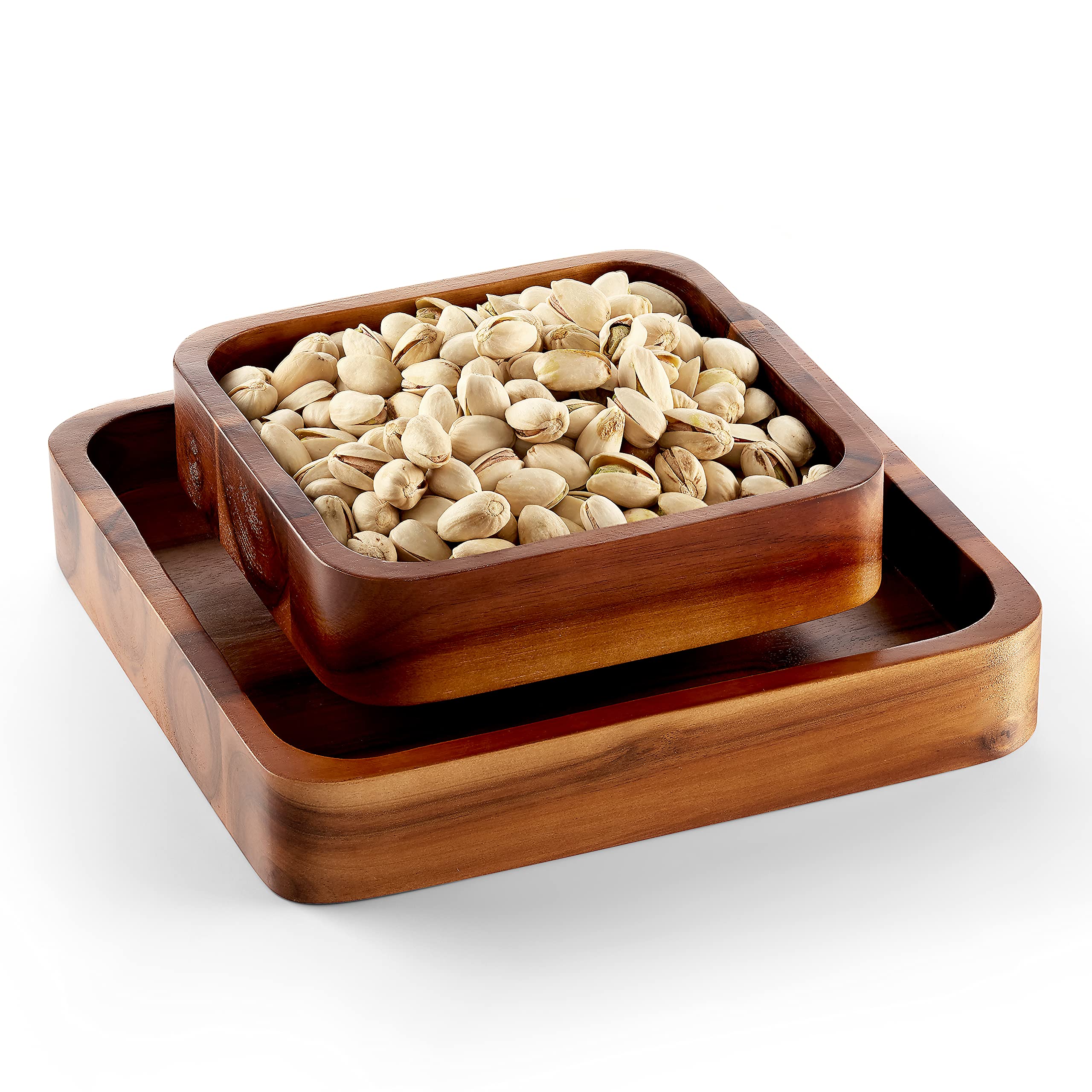 Fanatu Wood Pistachio Snack Bowl With Shell Storage, Double Dish Holder Nut Bowl Pedestal For Sunflower Seed, Peanut, Cherries,