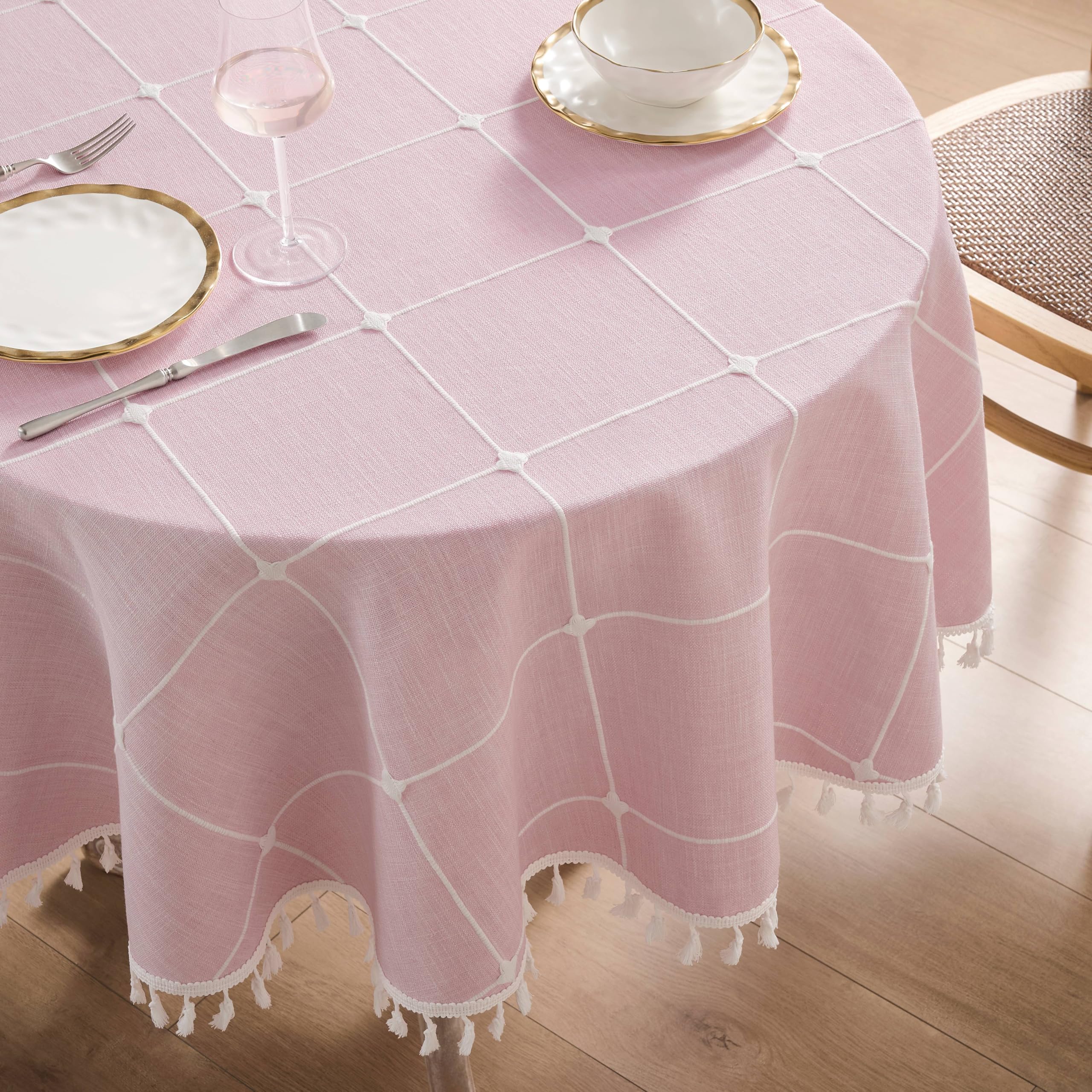 ZeeMart Boho Grid Table Cloth with Tassels (Pink, 60 Round), Heavy Weight Linen Checked Embroidered Farmhouse Tablecloth, Water 