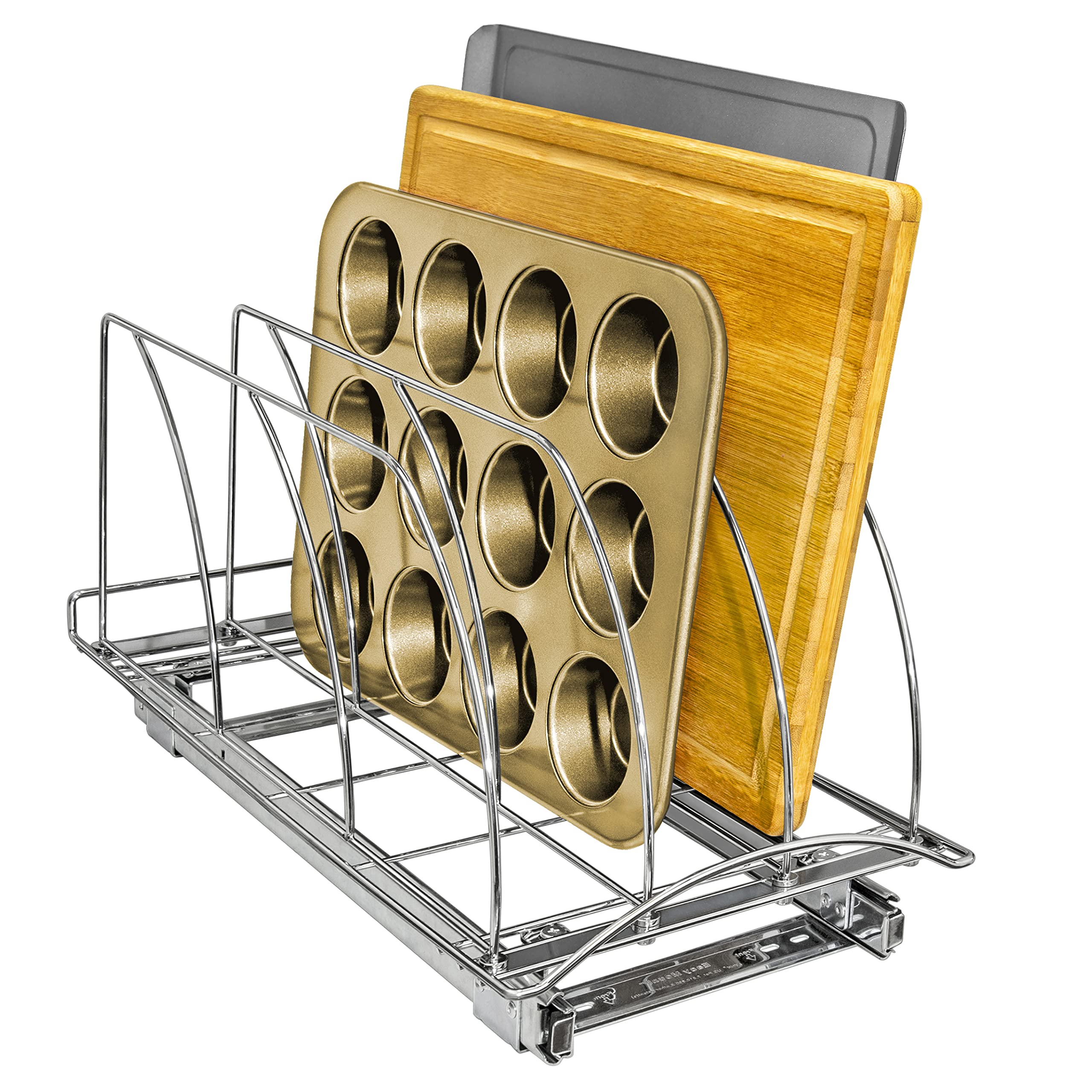Lynk Professional Pull Out Cutting Board, Cookie Sheet, And Baking Pan Organizer Rack - Lifetime Ltd. Warranty - Slide Out Kitch