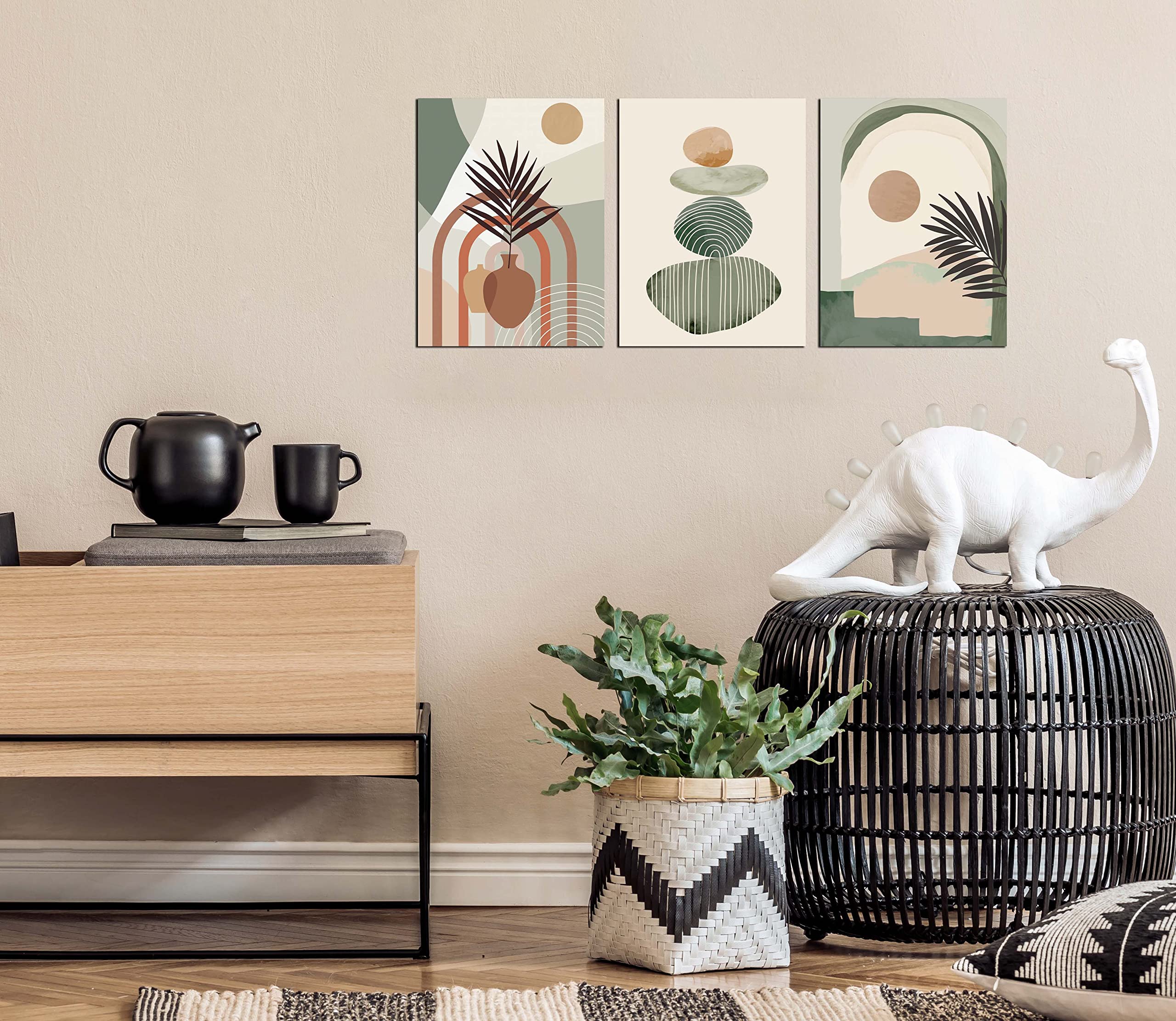 Zhaoshop Boho Art Wall-Decor - Green Canvas Wall Art For Bedroom - 3 Piece Wall Art Decor Stretched And Framed Ready To Hang Siz