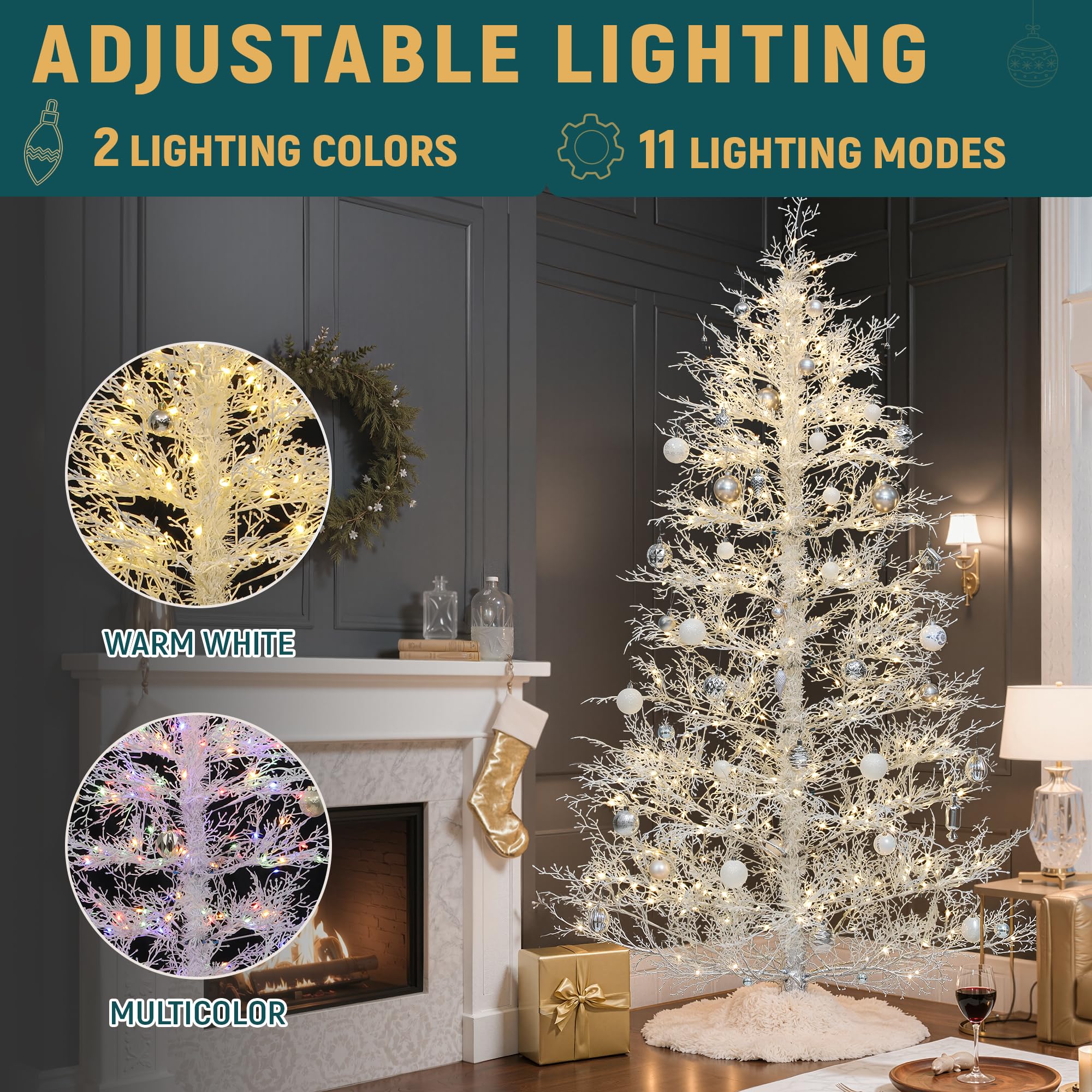 YITAHOME 7.5FT Prelit Christmas Tree, White Aspen Fir, 400 Switchable Lights, Hinged, Model QD2-400C