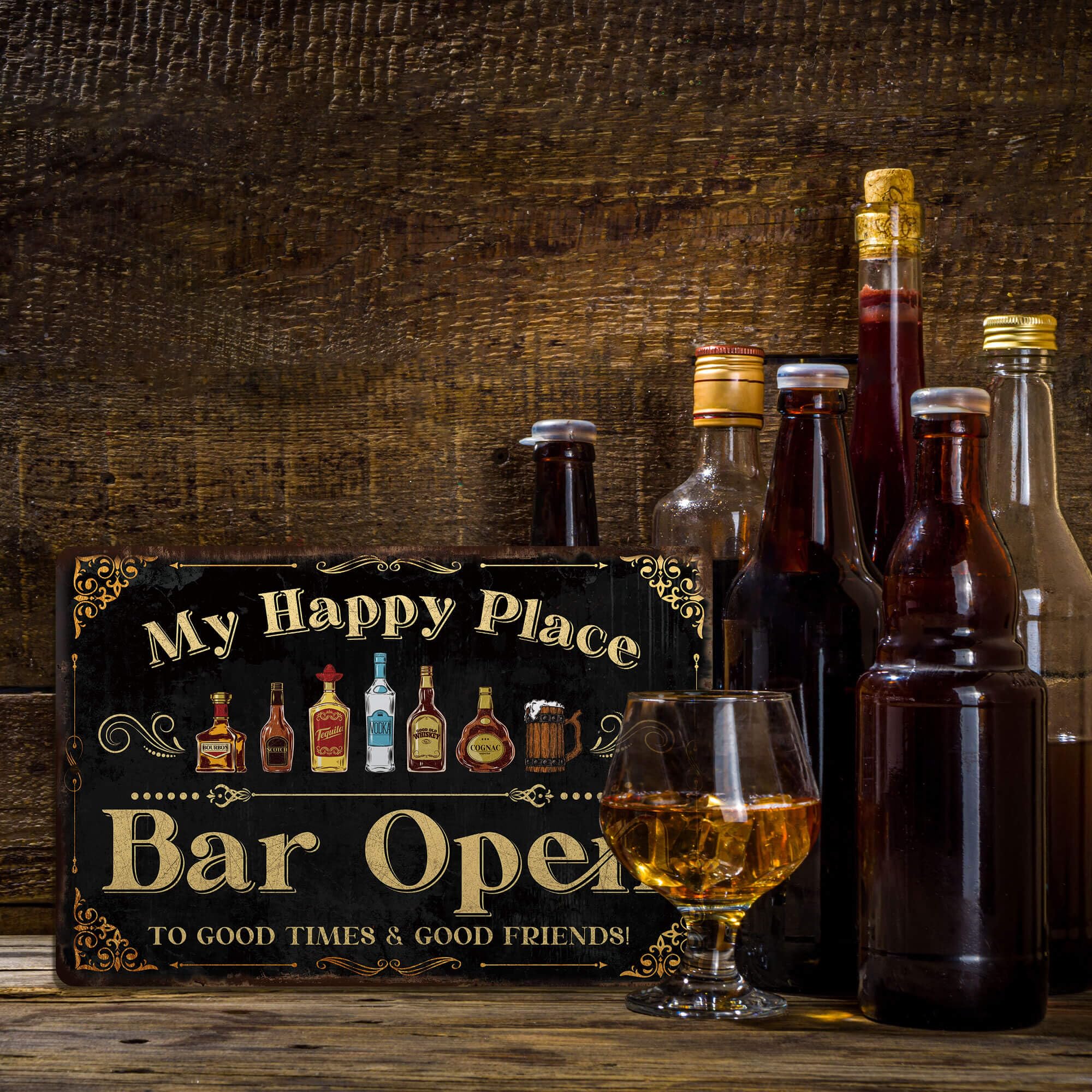 Putuo Decor Home Bar Sign, Retro Metal Tin Sign, My Happy Place Bar Open, 12 x 8 Inches