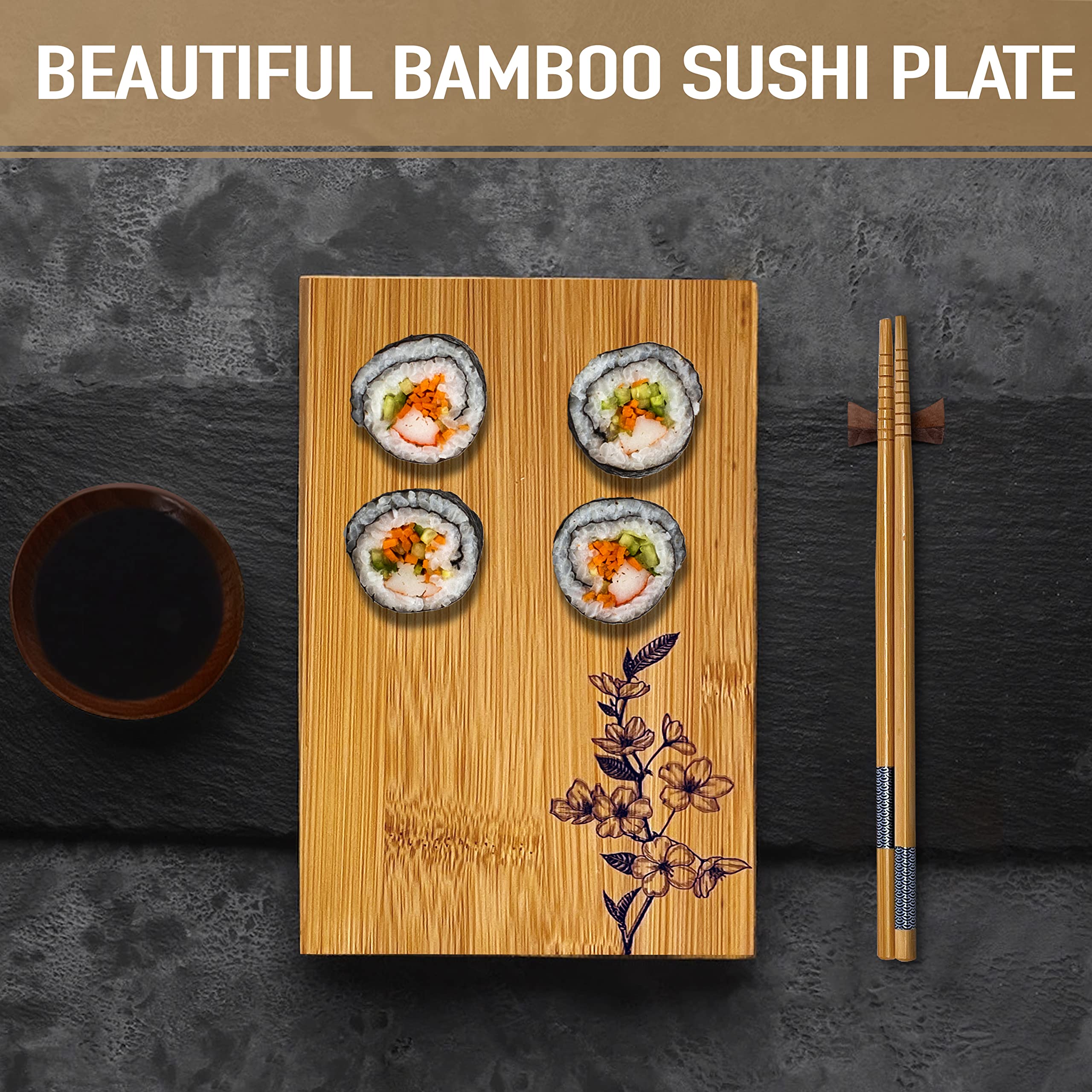 UR Happy Place Sushi Making Kit – 15-Piece Set with Bamboo Mat & Oak Maki Press, Large, Engraved Cherry Blossom Plate