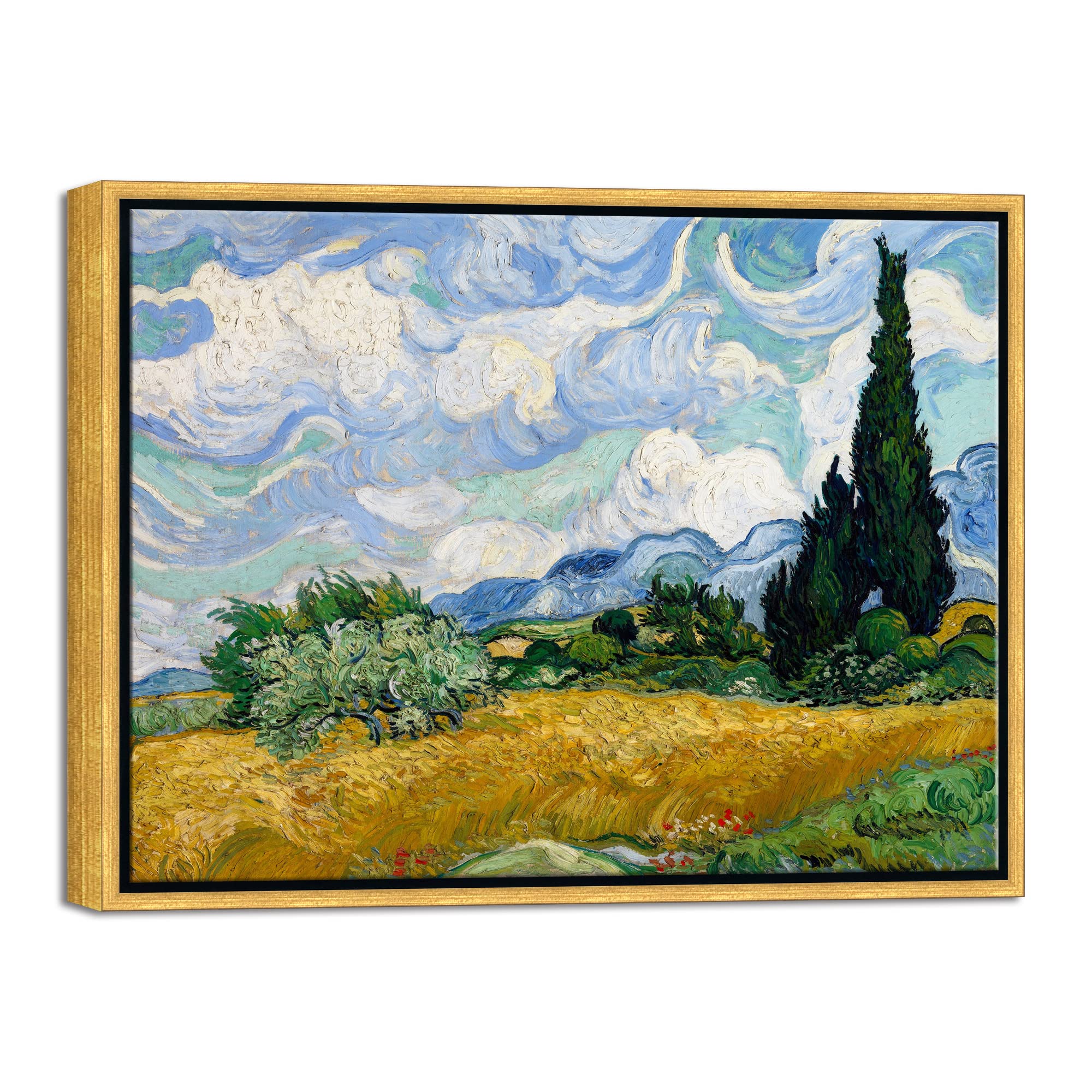 Wieco Art Framed Wall Art Of Wheat Field With Cypresses By Vincent Van Gogh Paintings Reproduction Abstract Canvas Prints For Ho