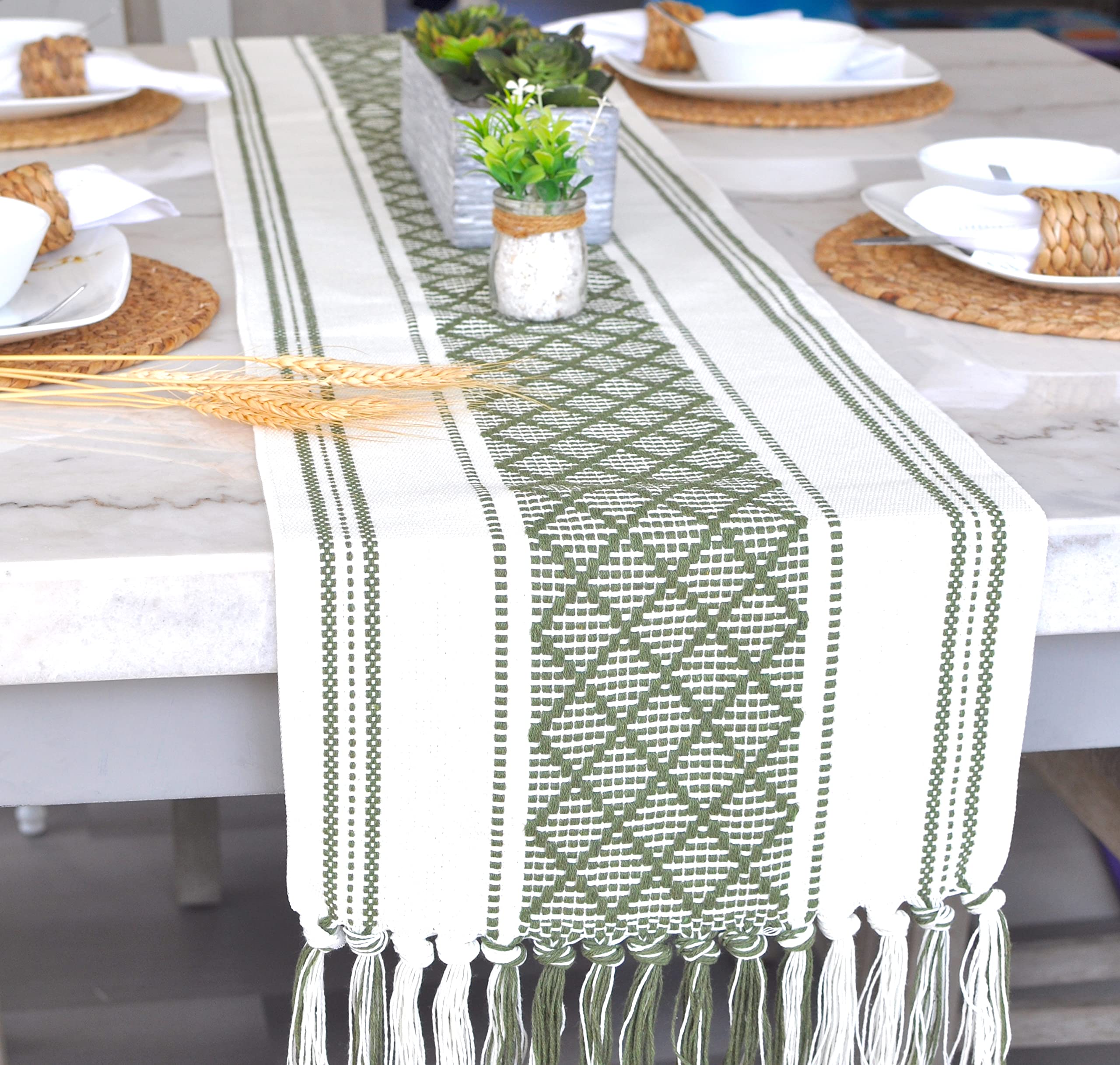 Oveesha Boho Dining Table Runner With Fringes 14 X 72 Inches, Olive Green & Cream / Woven Washable Dresser Scarf For Bedroom, Fa