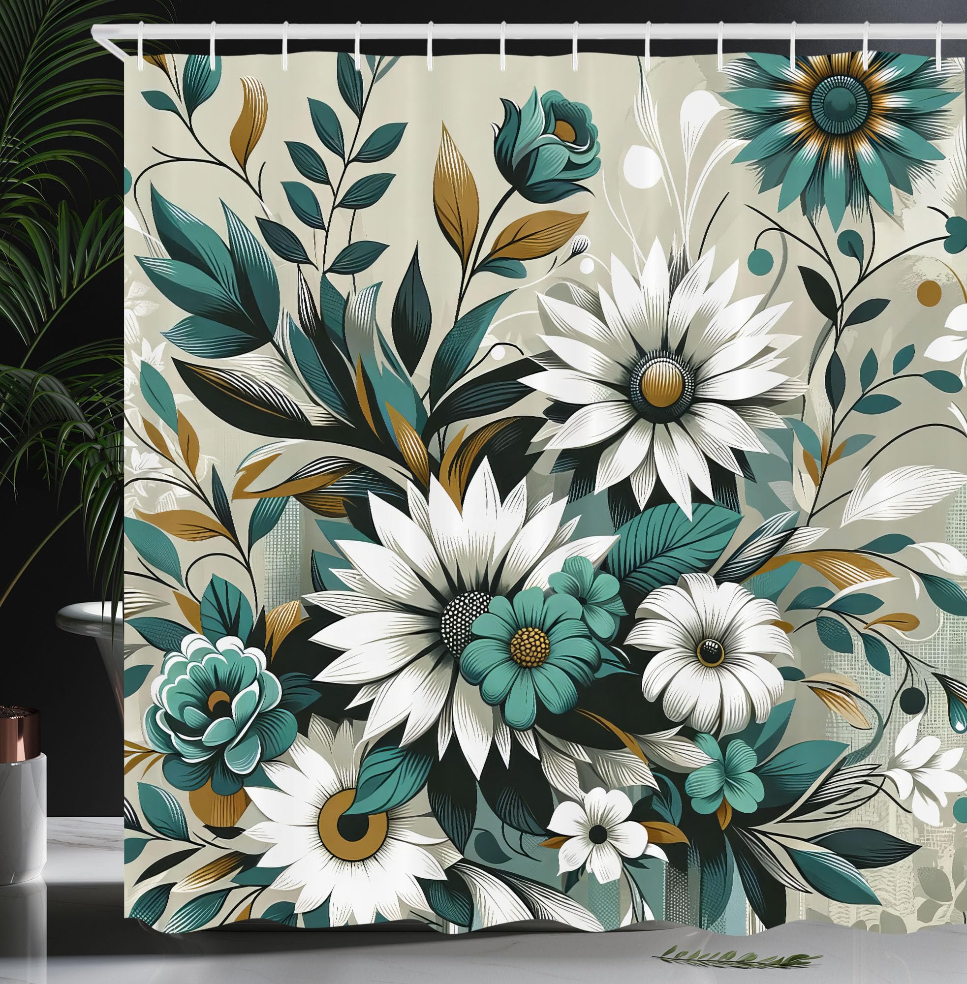 Ambesonne Teal Shower Curtain, Modern Urban Jungle Boho Concept Dancing Daisy With Curving Leaves Huddle, Cloth Fabric Bathroom