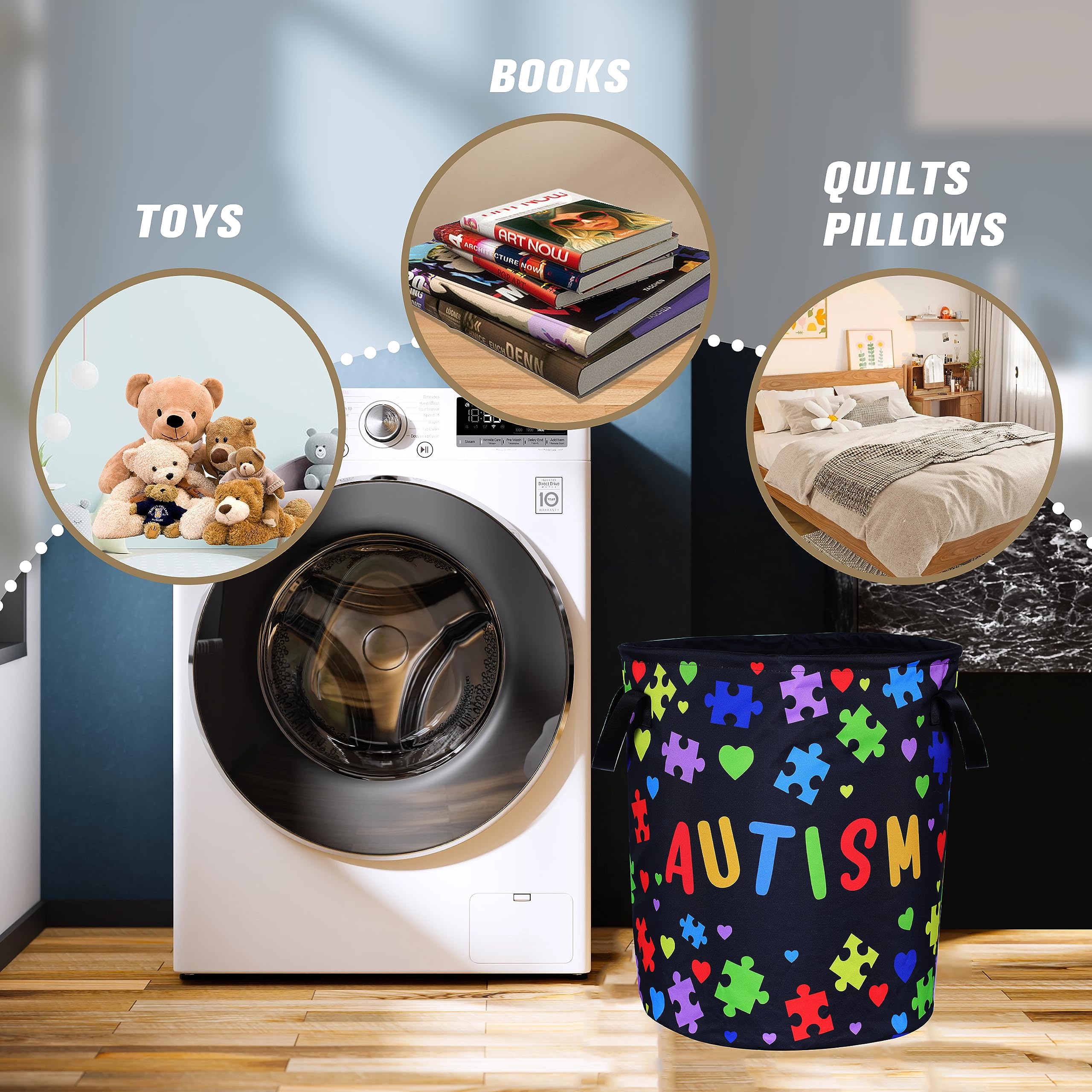 Autism Awareness Laundry Basket Puzzle Pattern Foldable Oxford Cloth Funny Tote Bag Laundry Hamper Clothes Storage Bucket Organi