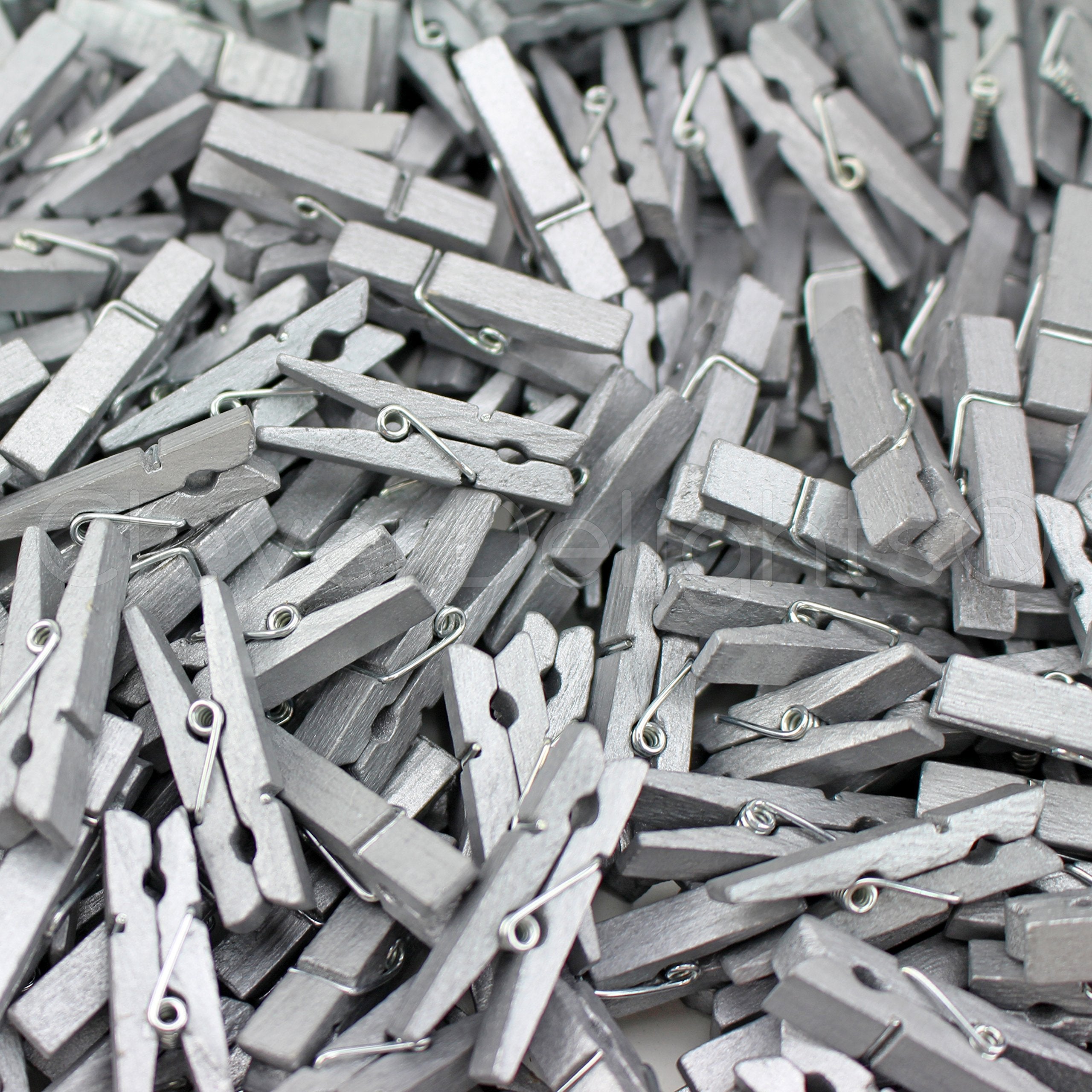 Cleverdelights 1 3/8'' Mini Wood Clothespins - Metallic Silver - 50 Pack