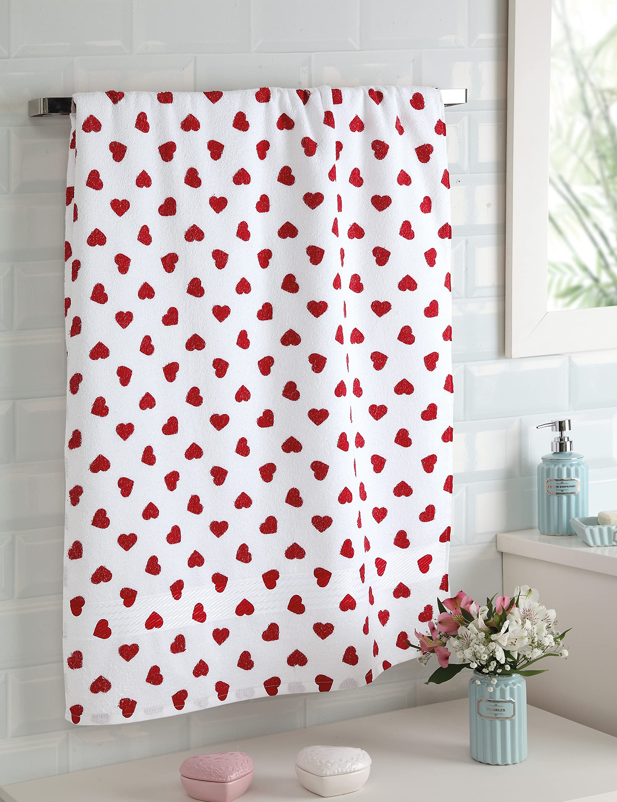 Cackleberry Home Hearts All Over Bathroom Cotton Terry Hand Towels 20 X 30 Inches, Set Of 2 (Red)