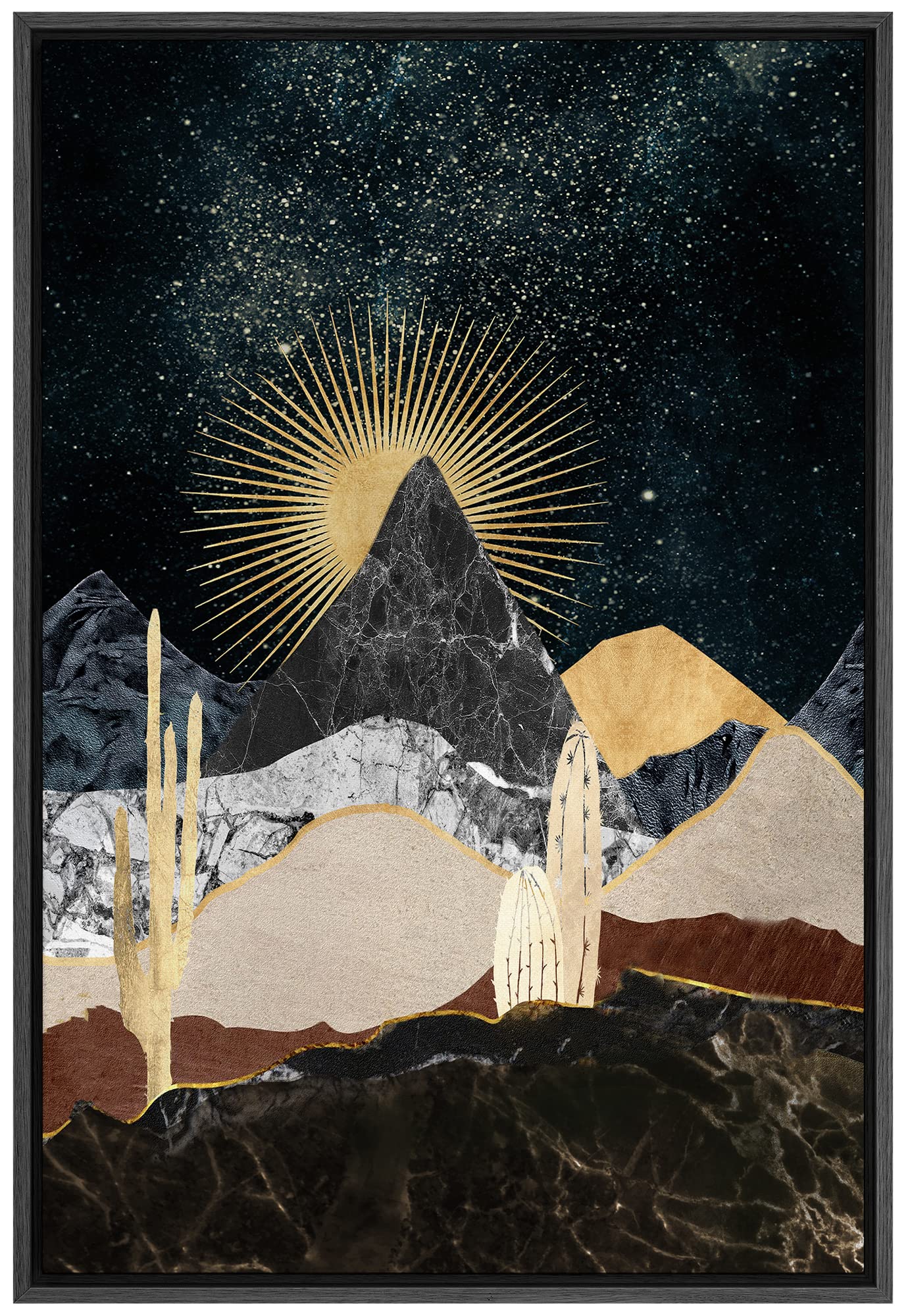 Signford Framed Canvas Print Wall Art Gold Sunlight Granite Mountain Cactus Nature Wilderness Illustrations Modern Art Decorativ