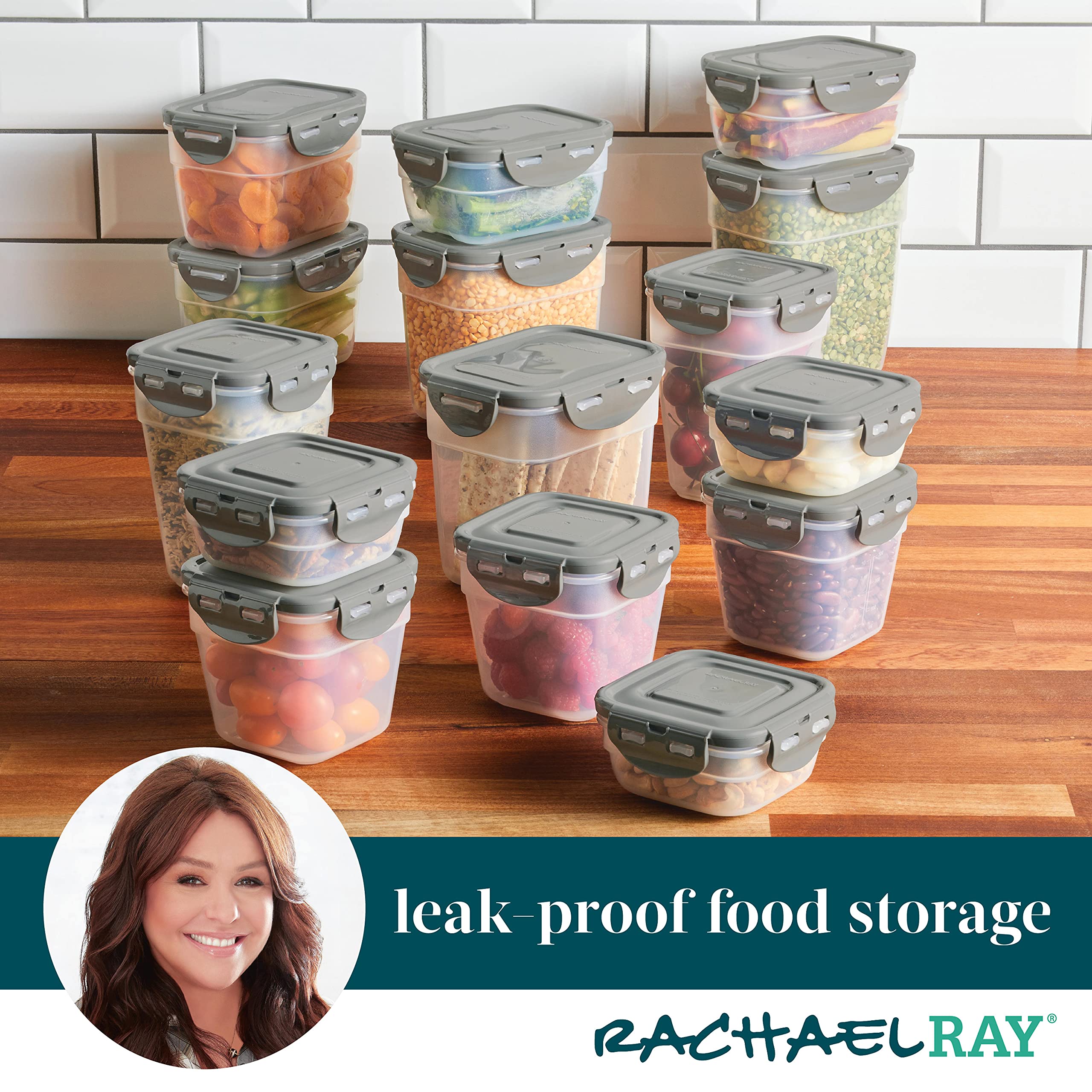 Rachael Ray Leak-Proof Stacking Container Food Storage Bin Set, 30-Piece, Clear With Gray Lids