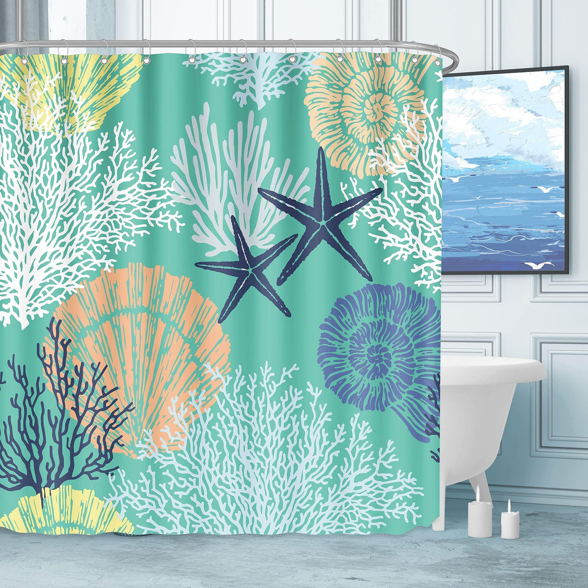 Tritard Extra Long Nautical Coastal Shower Curtain Starfish Seashell Coral Beach Themed Bath Curtain Waterproof Fabric Ocean Sho