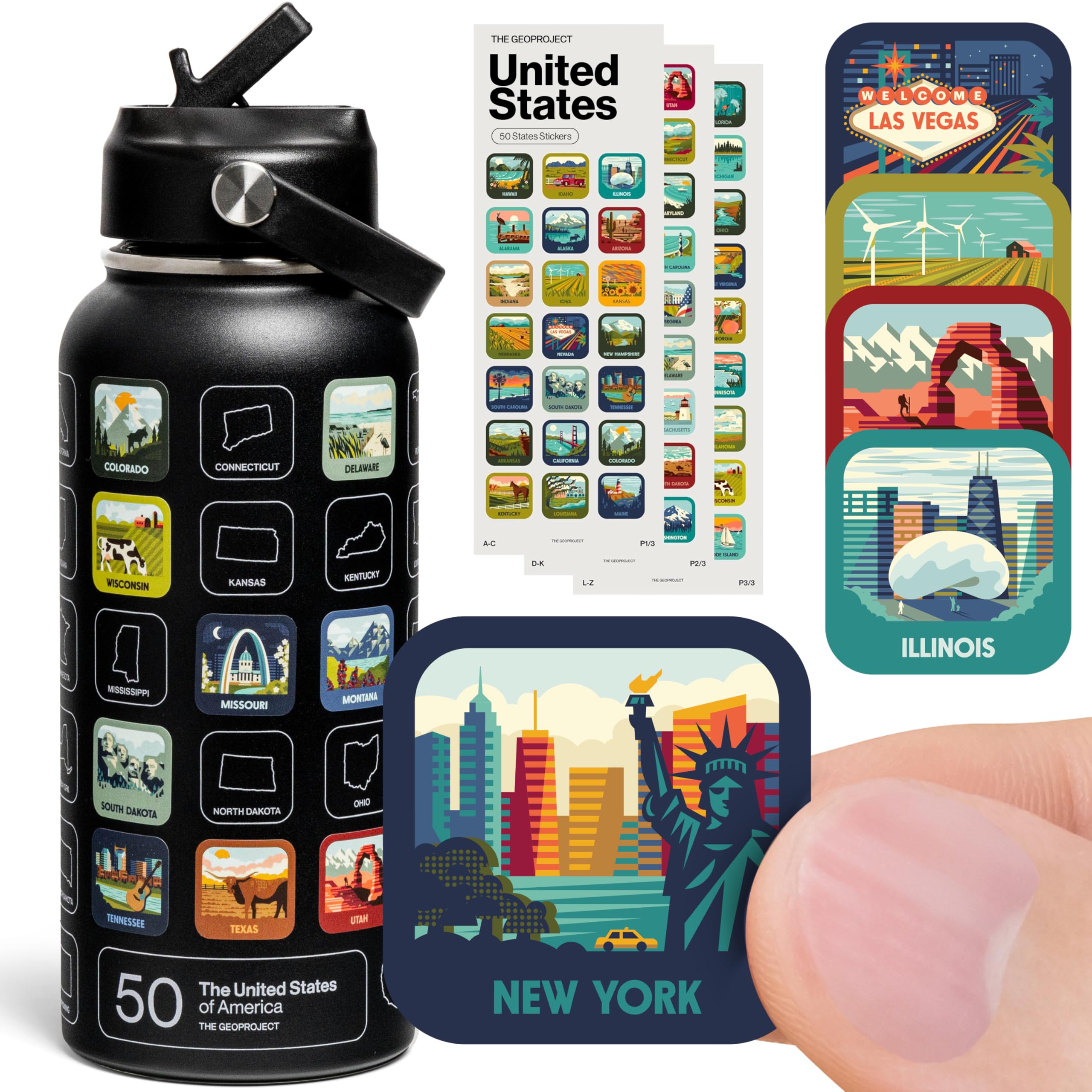THE GEOPROJECT 50 States Bucket List Water Bottle with Stickers  32oz Leakproof Insulated Stainless Steel with Straw & 50 State