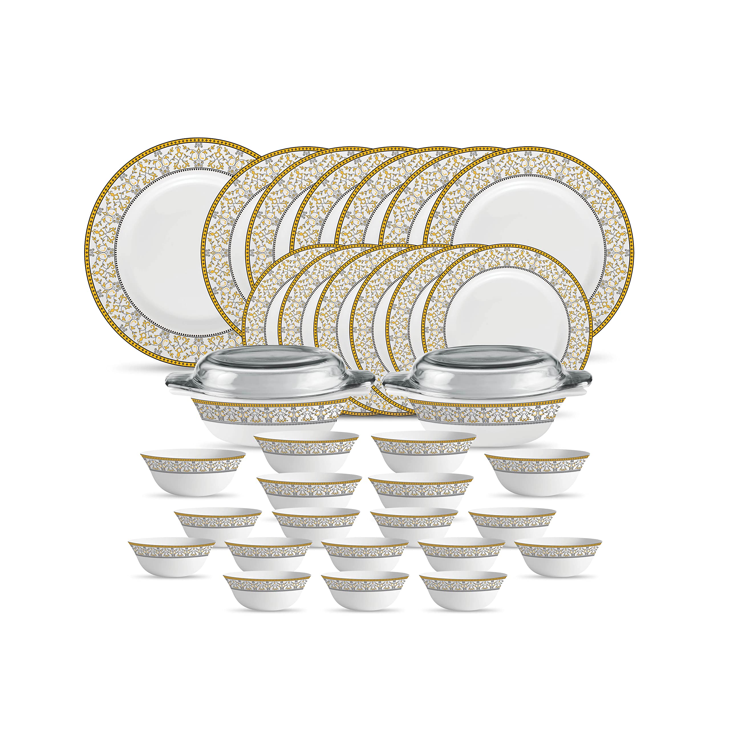 La Opala Diva Sovrana Collection Opal Glass Crockery | For Family Of 6 | Dinner Set 35 Pcs Moroccan Gold | Plates & Bowls For Di