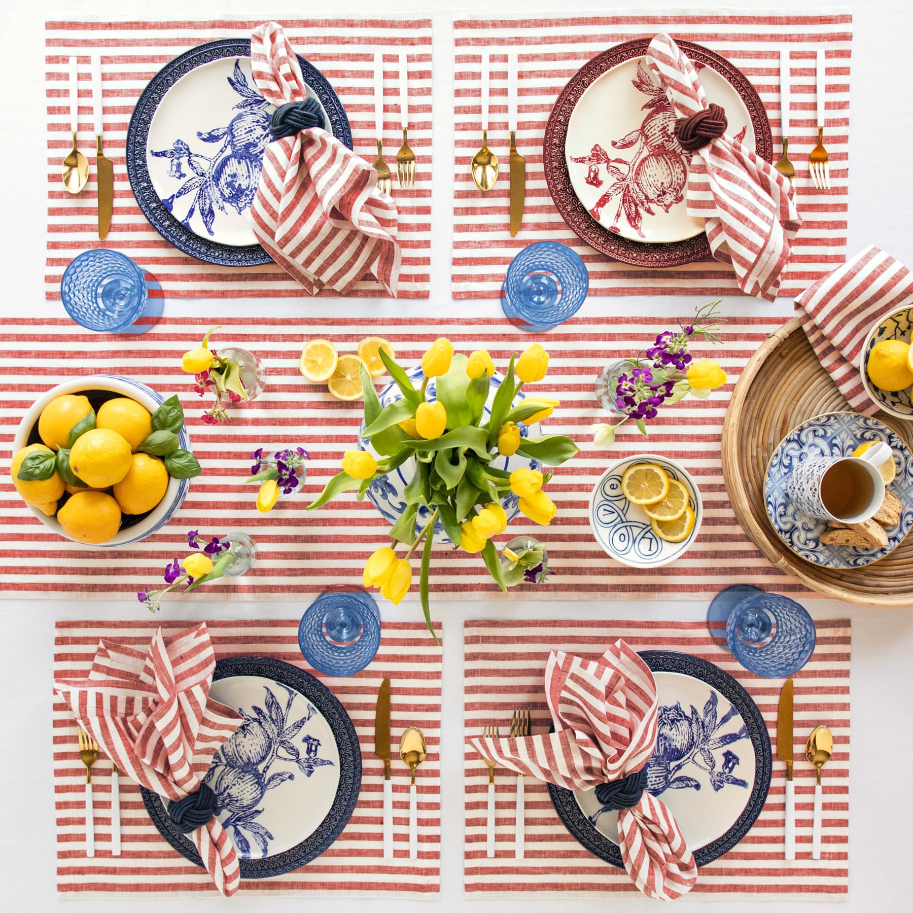 Solino Home Stripe Linen Dinner Napkins 20 X 20 Inch - 100% Pure Linen Red And White Cloth Napkins Set Of 4 - Amalfi Stripe, Han