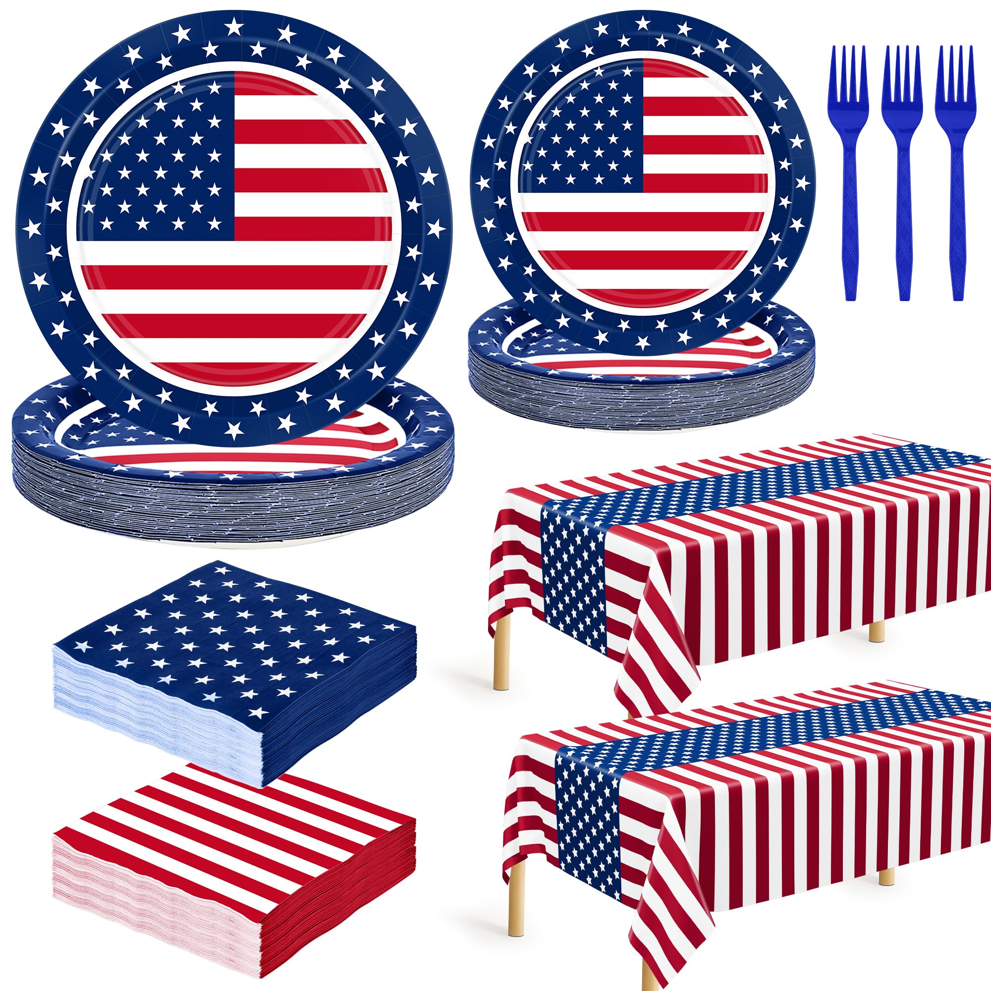 QZYL 122 PCS 4th of July Decorations, Patriotic Plates and Napkins, Disposable Fourth of July Paper Plate and Napkin Tablecloth 