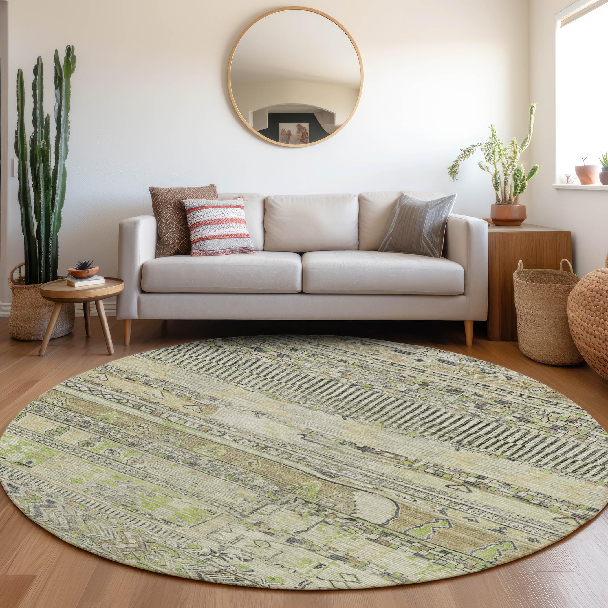 Machine Washable Indoor/Outdoor Chantille Beige 8 x 8 Round Rug