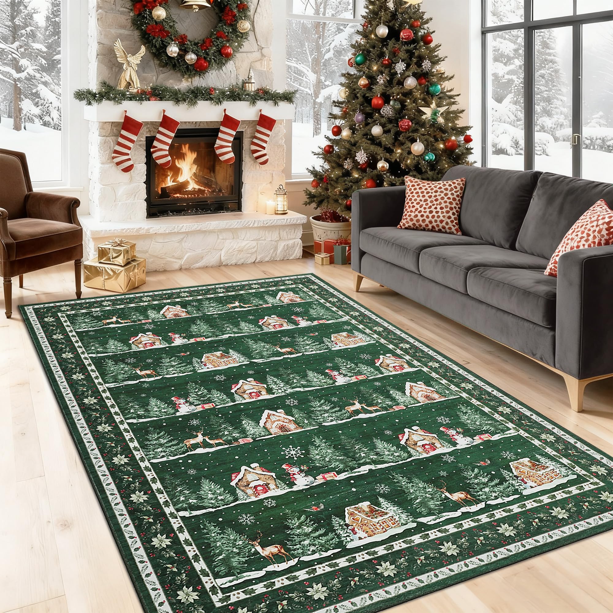 GarveeHome 5x7 Christmas Area Rugs for Living Room Machine Washable Non Slip Backing Soft Stain Resistant Christmas Tree Animals