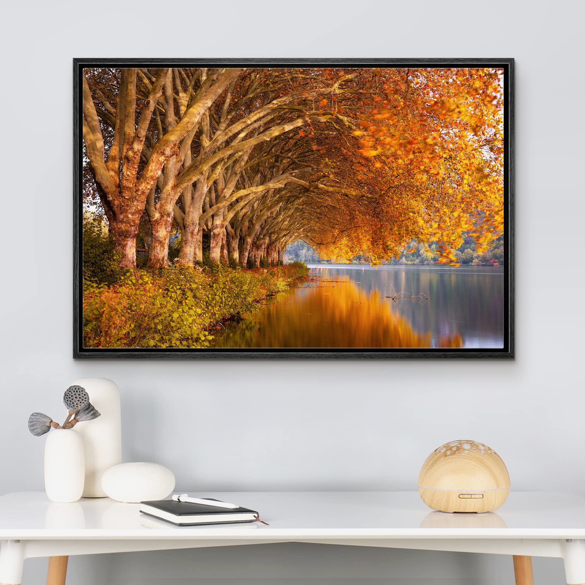 Wall26 Framed Canvas Print Wall Art Autumn Fall Orange Leaf Forest Lake Nature Wilderness Photography Realism Rustic Scenic Land
