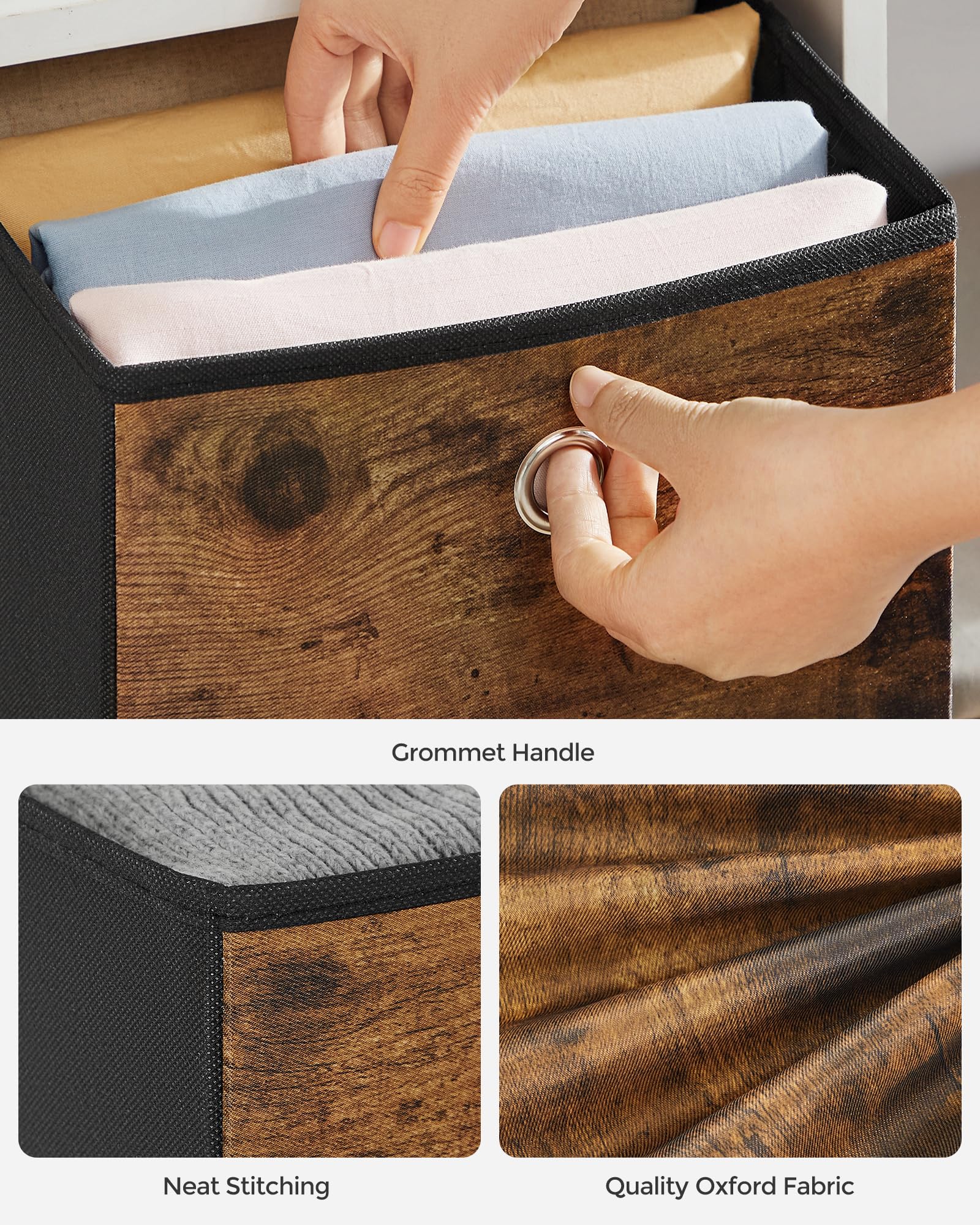 SONGMICS Storage Cubes  Set of 6 Storage Bins with Handles  Foldable Oxford Fabric and Non-Woven Fabric Storage Boxes  10.2x10.2x11 Inches  Fit Cube Storage Unit  Rustic Brown and Black URFB126B01