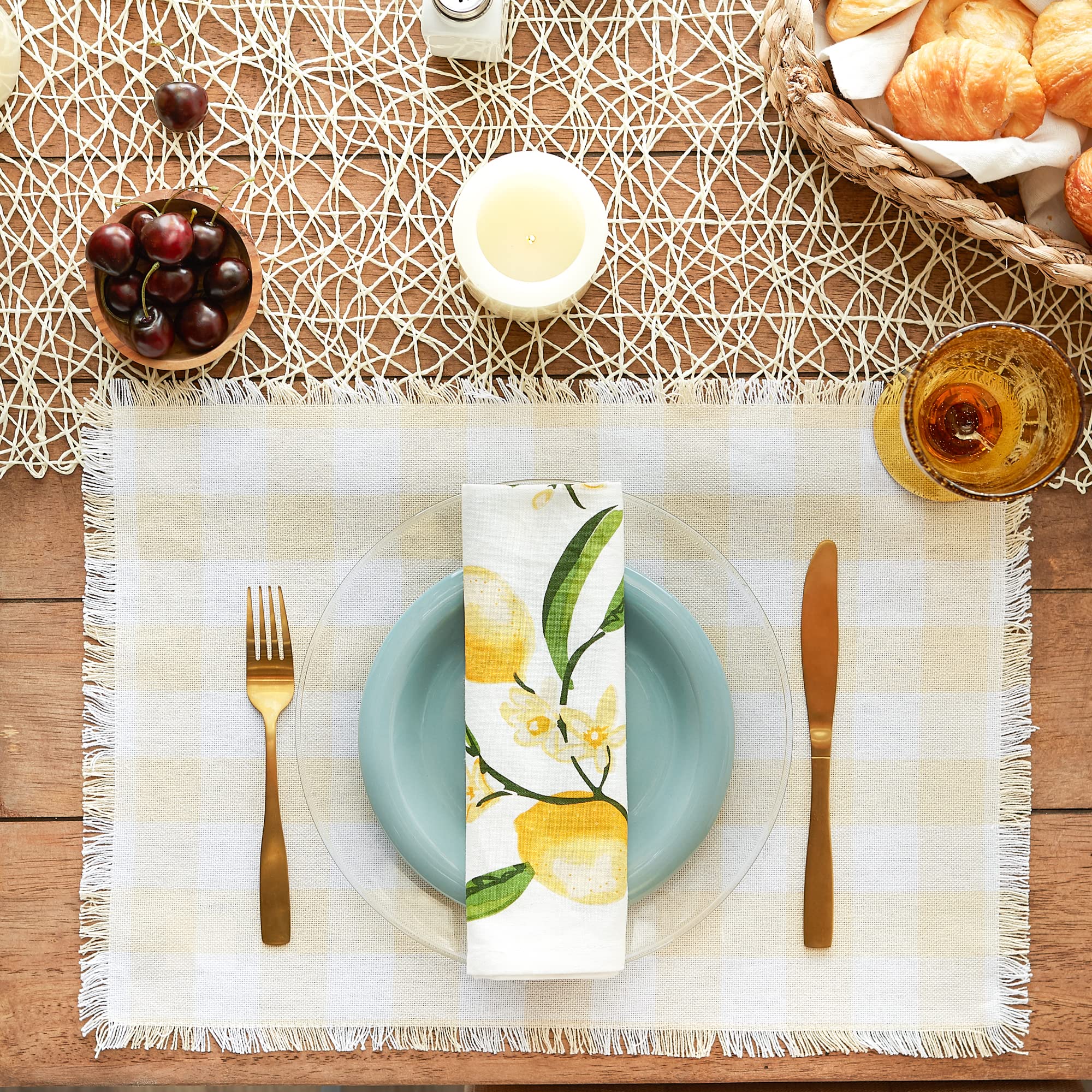 Dii Heavyweight Fringed Check Tabletop Collection, Placemat Set, 13X19, Natural, 6 Piece