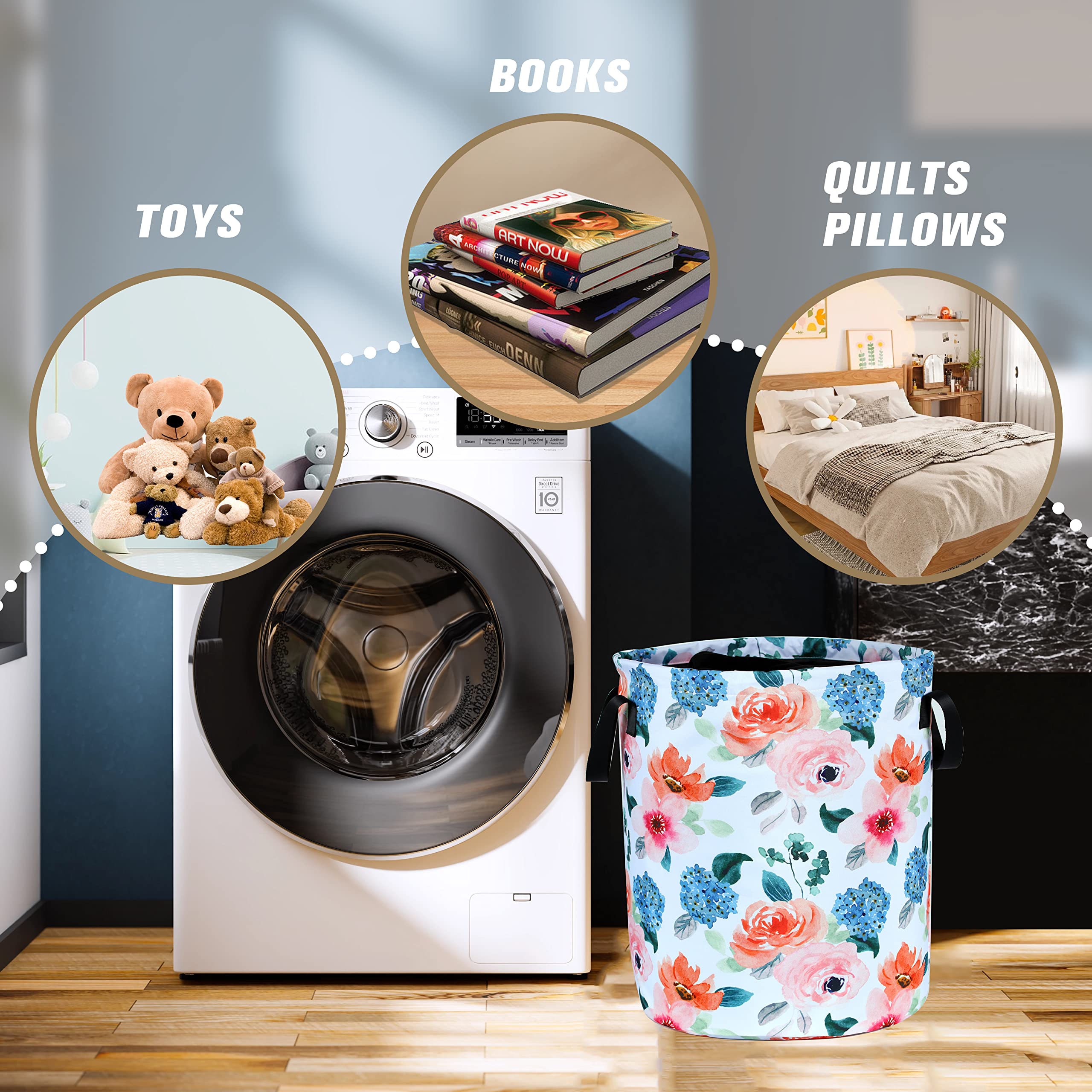 Beautiful Watercolor Floral Laundry Basket Foldable Waterproof Oxford Cloth Funny Tote Bag Laundry Hamper Clothes Storage Bucket