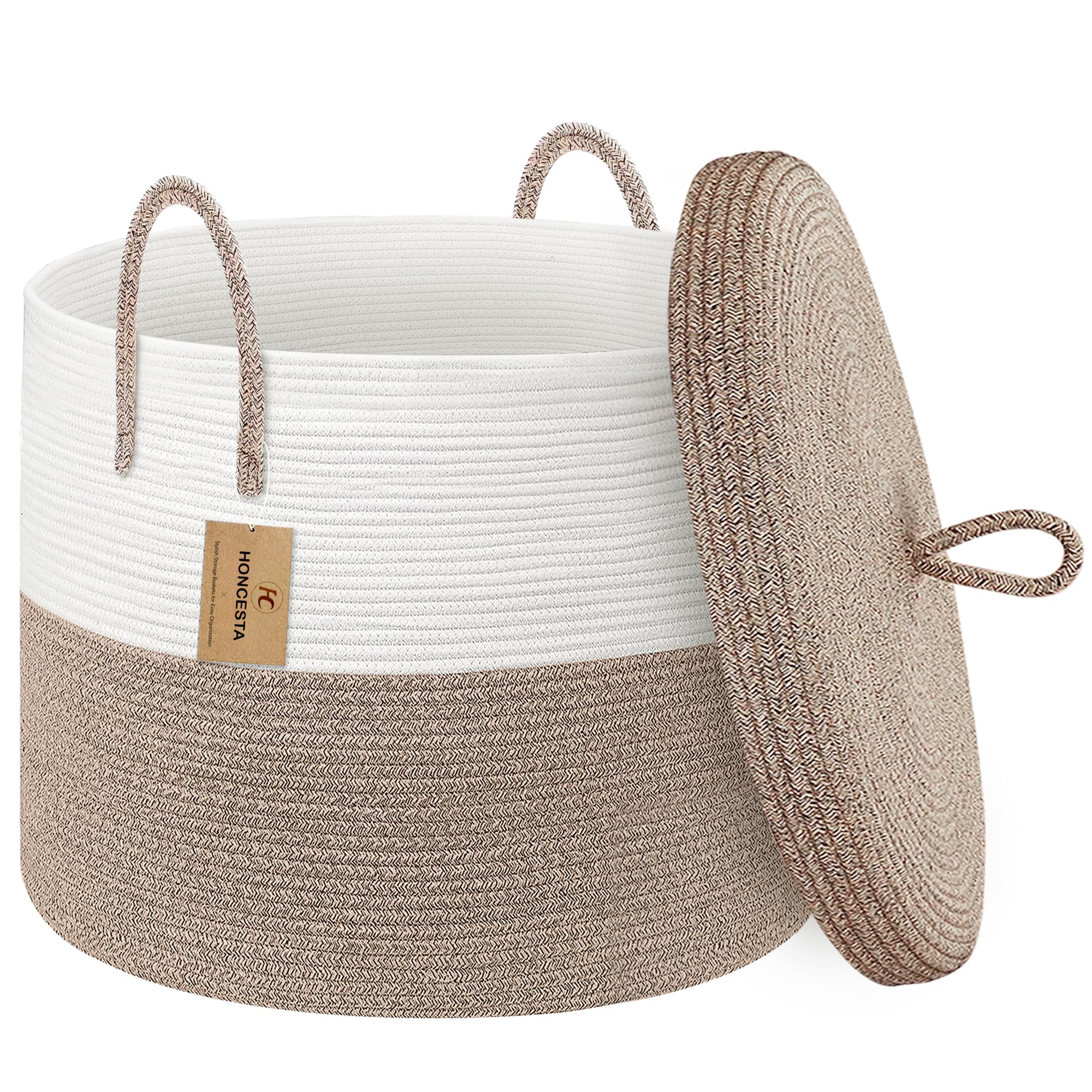 Honcesta 18'' X 14'' Large Storage Basket With Lid, Blanket Basket Living Room, Woven Cotton Rope Baskets For Storage, Kids Toy