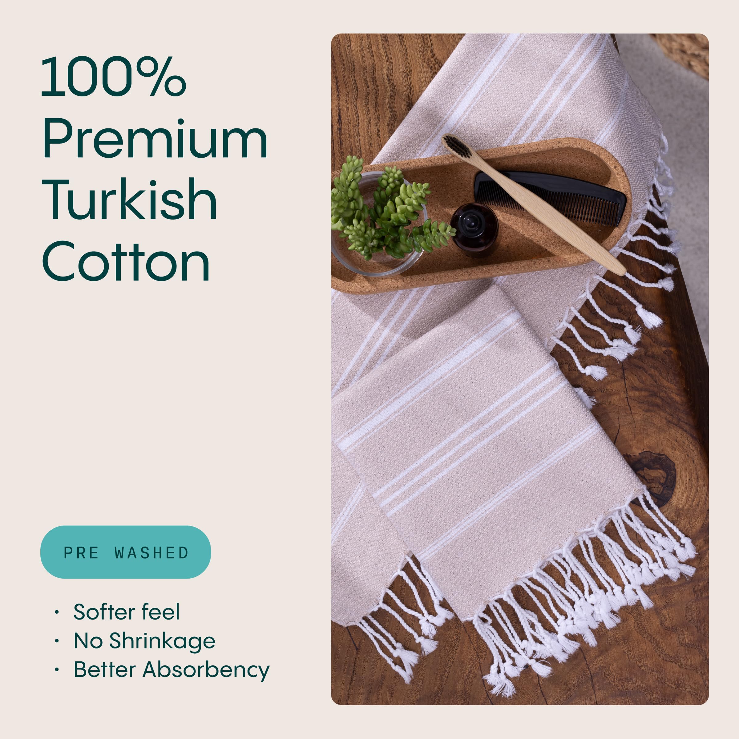 WETCAT Turkish Hand Towels with Hanging Loop (20 x 30) - Set of 2  100% Cotton  Soft - Pre Washed Boho Farmhouse Kitchen Towels - Unique Decorative Hand Towels for Bathroom (Beige)