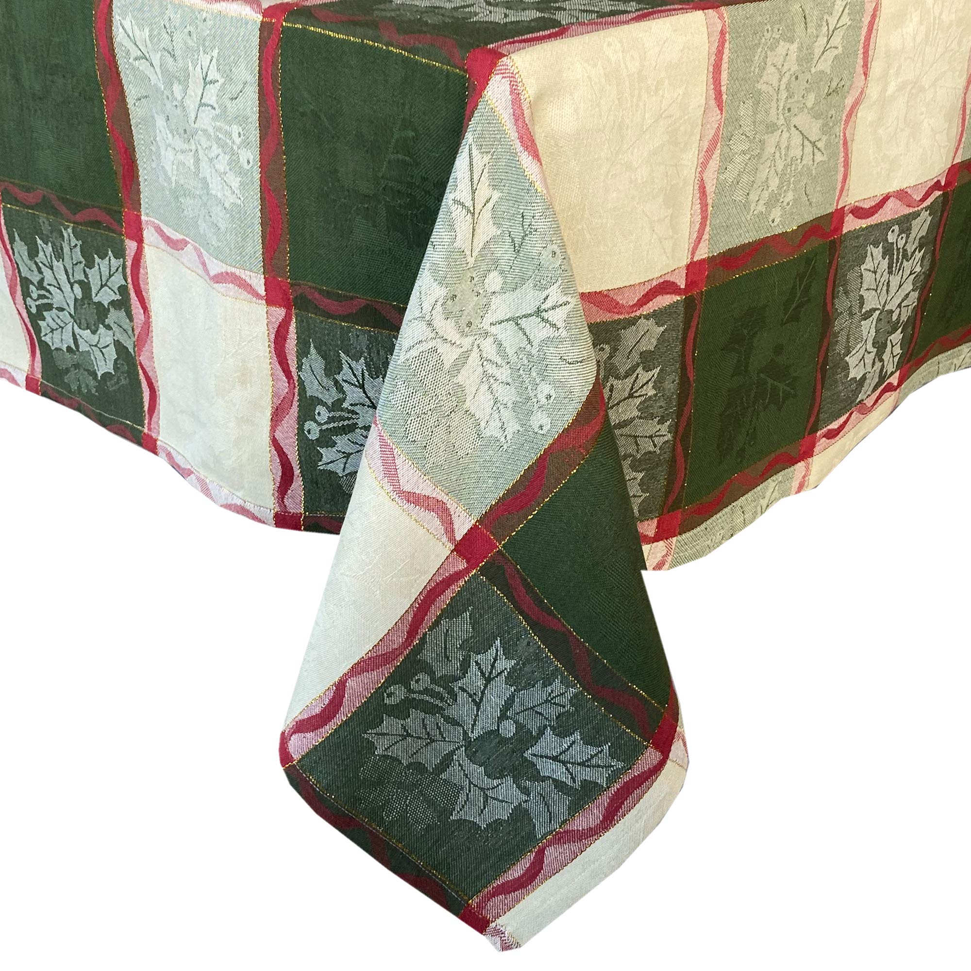 Lintex Golden Mistletoe And Ribbon Cotton Jacquard Christmas Fabric Tablecloth, Evergreen, Red Ribbon And Berry Woven Holiday An