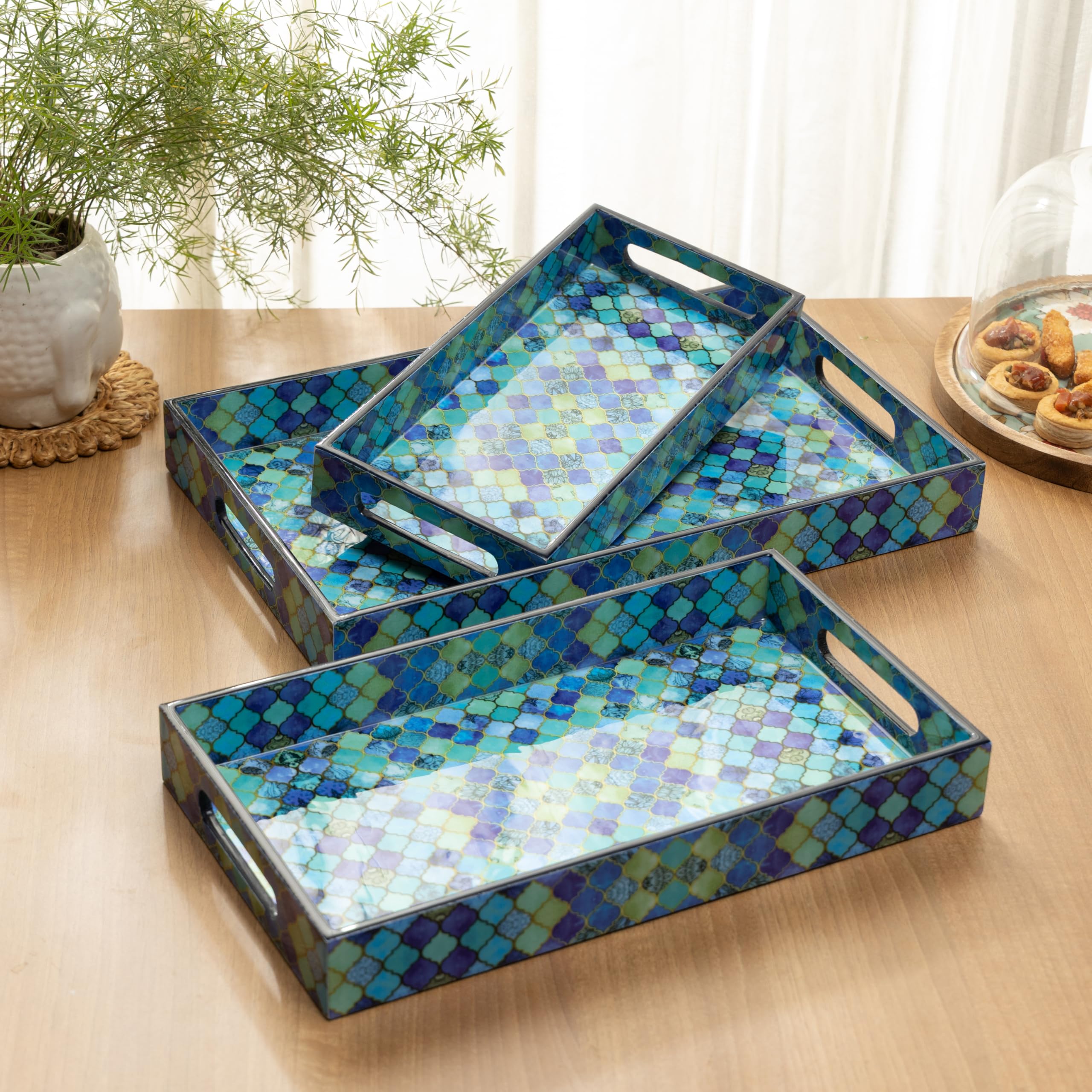 Set Of 3 Waterproof Wooden Trays - Modern Birds Design With Floral & Tree Artwork, Serving Tray Set | Tray Set| Mdf Serving Tray
