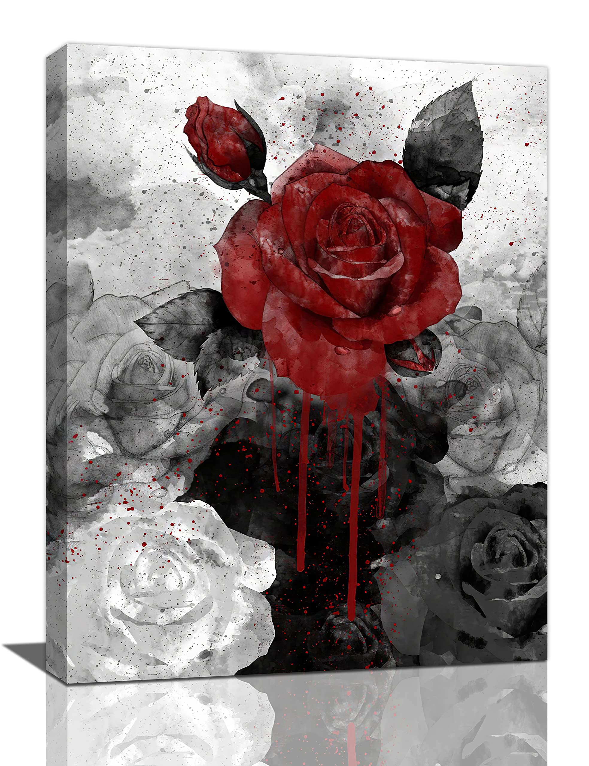Vintage Rose Painting Canvas Wall Art, Retro Black And White Red Rose Flower Ink Painting Picture Print, Modern Rose Wall Decor